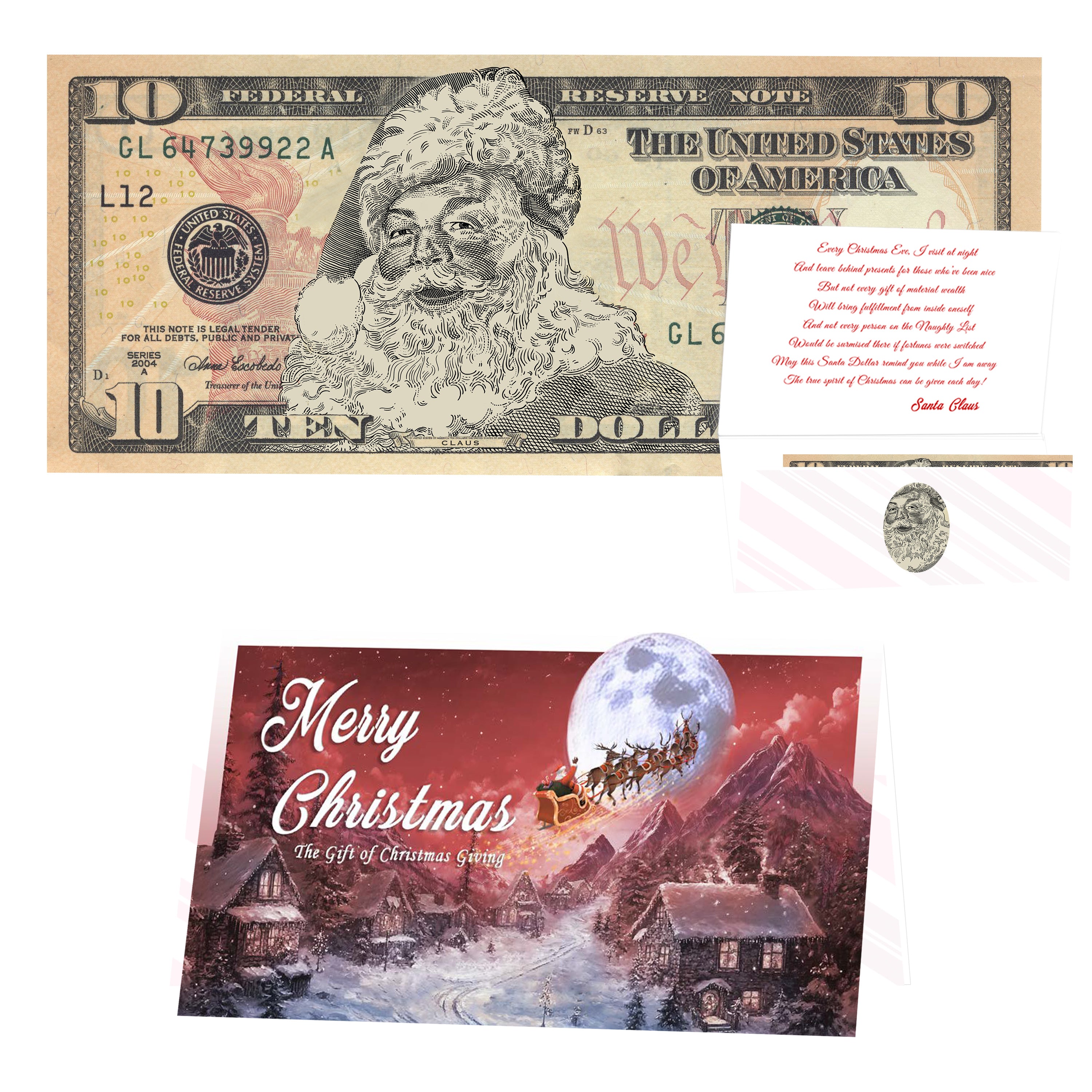 Classic Santa genuine U.S. $10 Santa Dollar Bill with To All a Goodnight Christmas card.