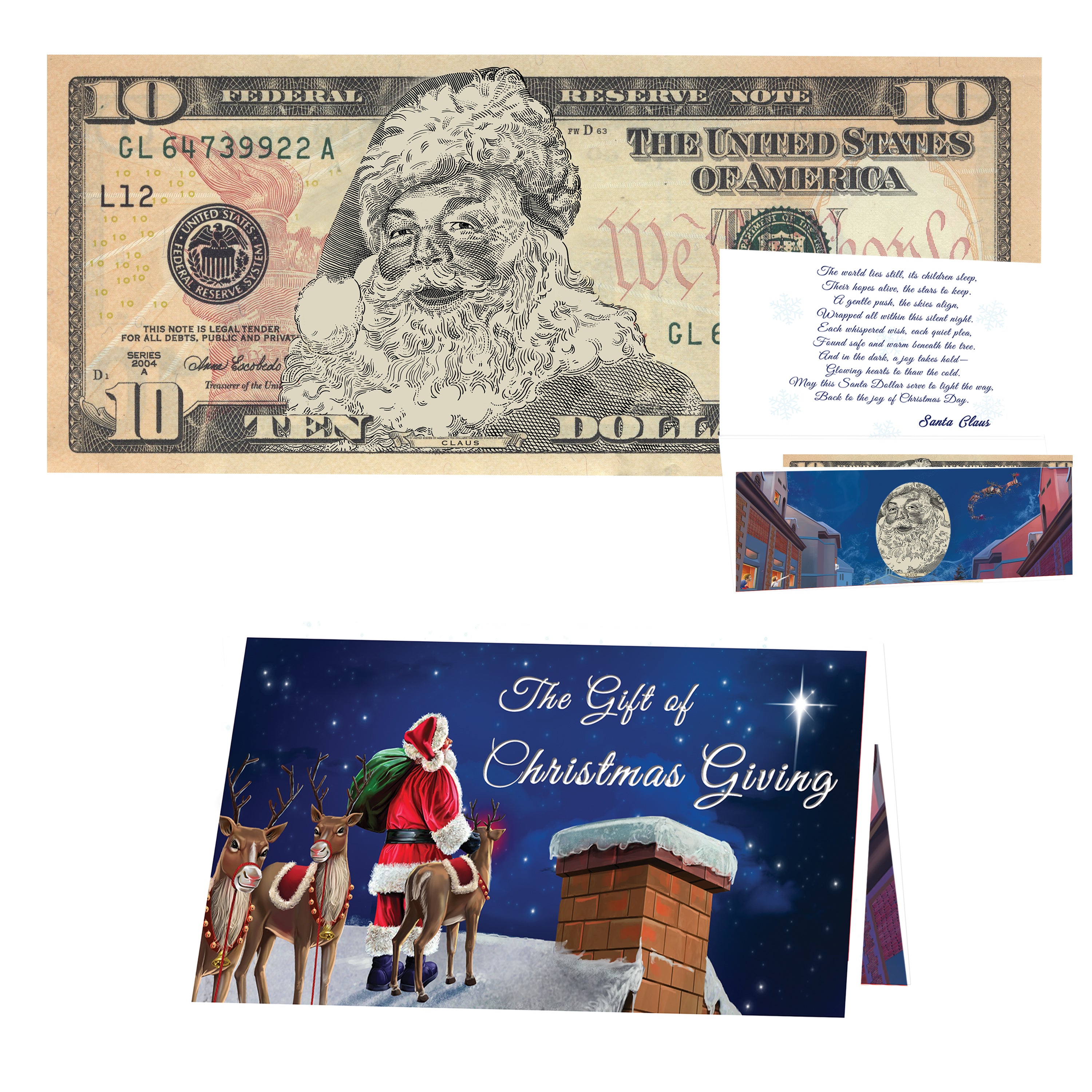Classic Santa genuine U.S. $10 Santa Dollar Bill with Reindeer on Rooftops Christmas card.