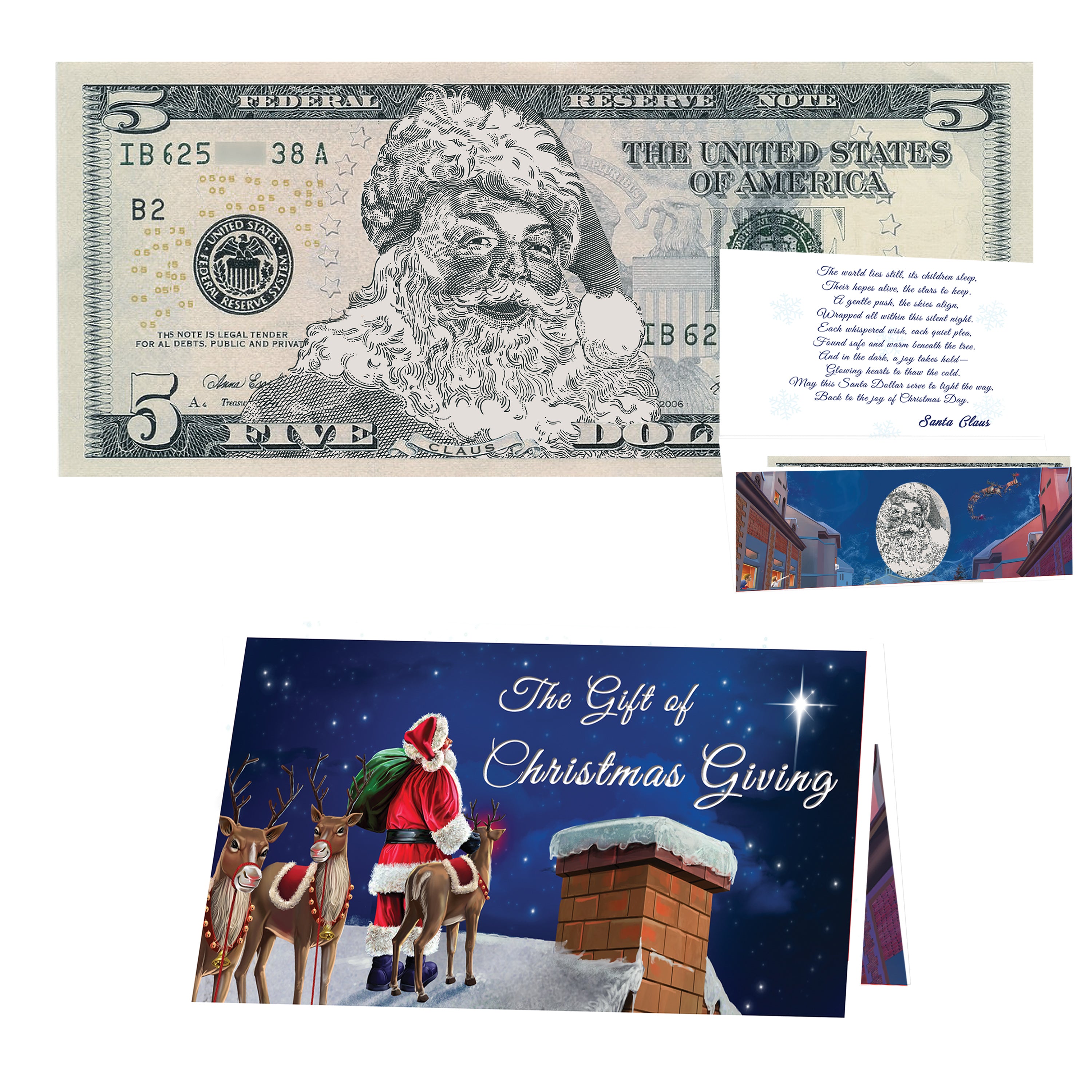 $5 Classic Santa with Reindeer on Rooftops Christmas card