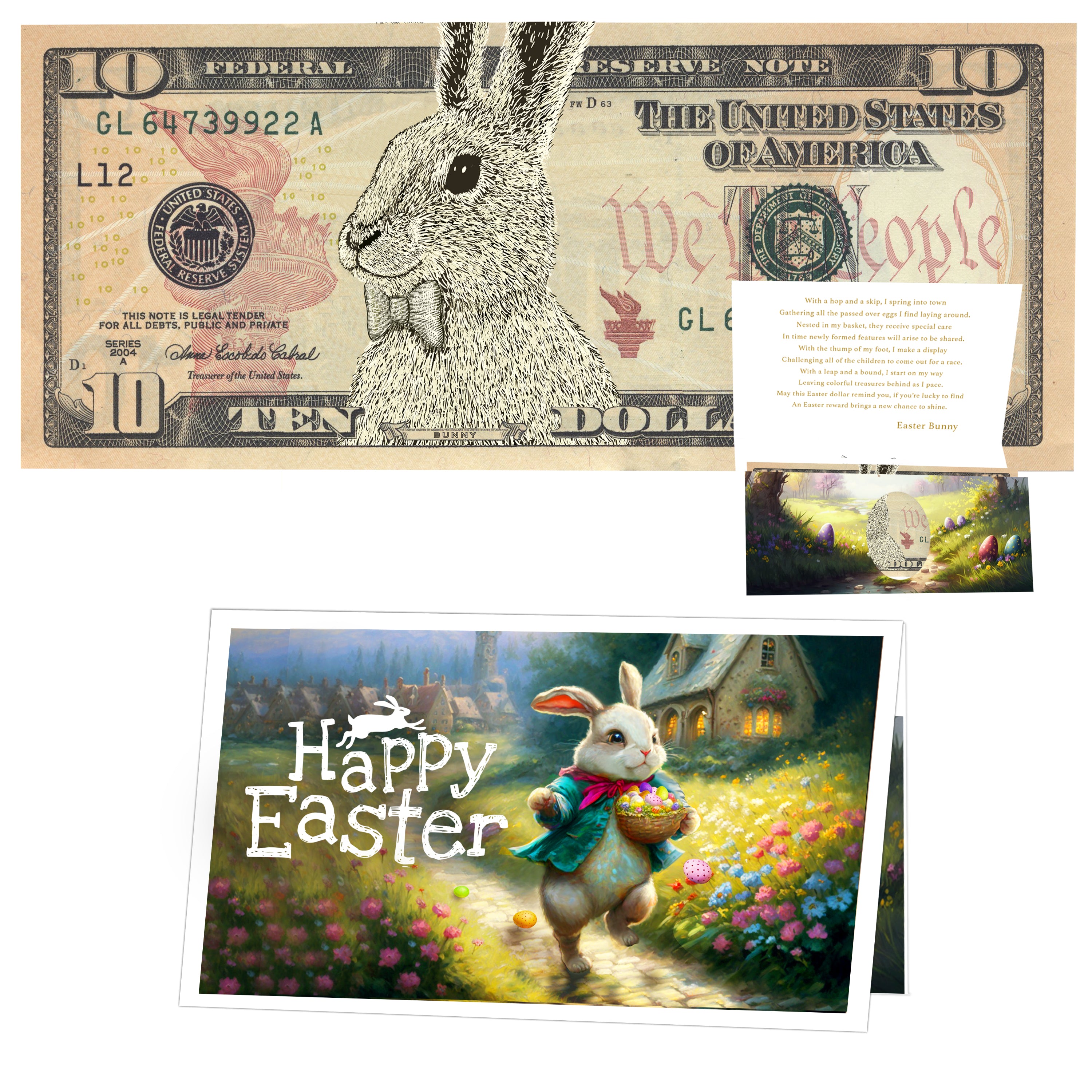 The Official Easter Bunny Dollar Bill with Easter Greeting Card Currency Holder. Real 10.0 USD. Bankable & Spendable. Easter Basket Stuffer/Filler. Bunny Bucks - Bunny Money