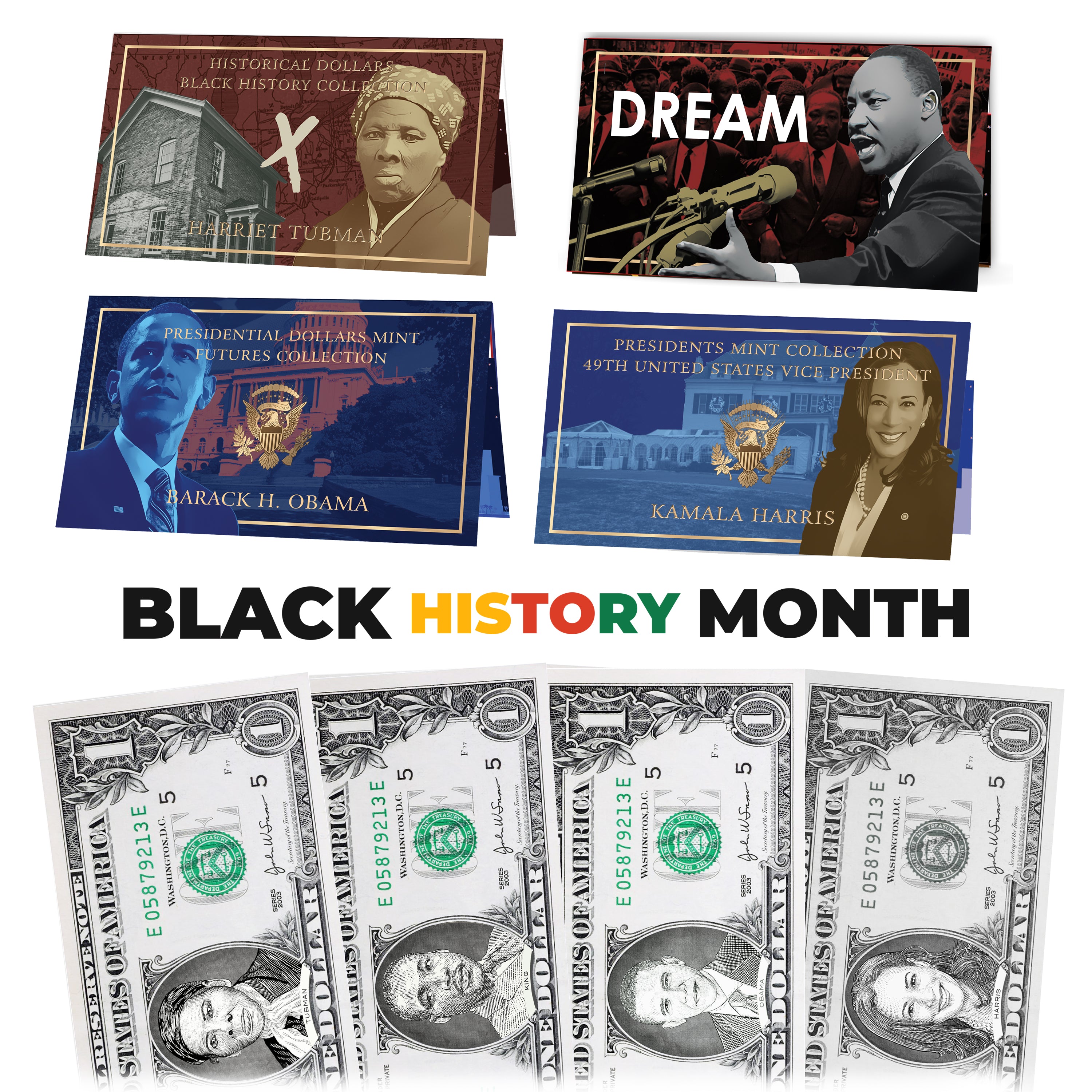 Black History Month 1.0 USD Dollar Bill Complete Gift Package with Greeting Cards. Obama - Harris - Tubman - Martin Luther King Jr