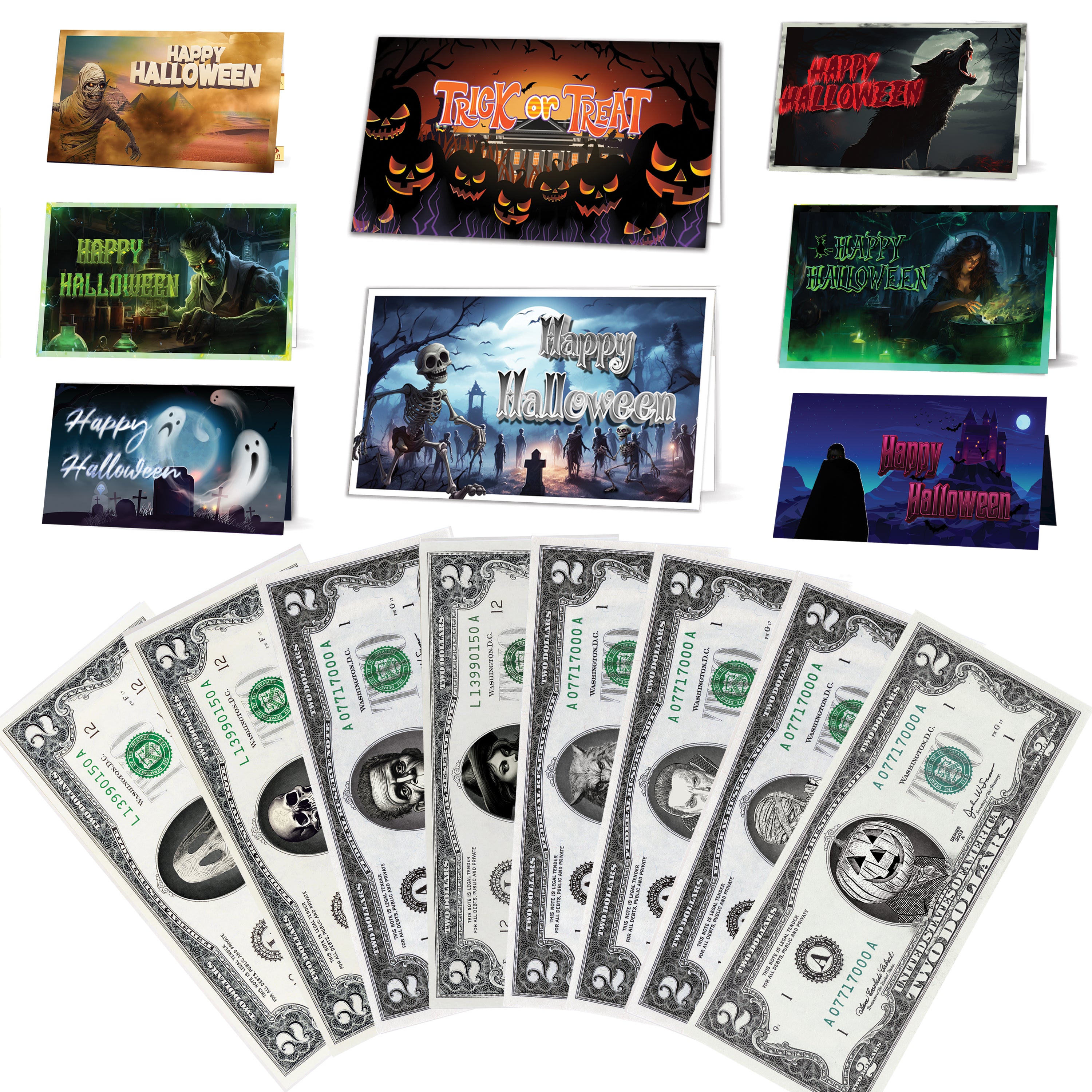The Official Halloween Dollar Bill Package. 8 x Real 2.0 USD Variety Pack. Each Bill Comes with a Halloween Currency Card.