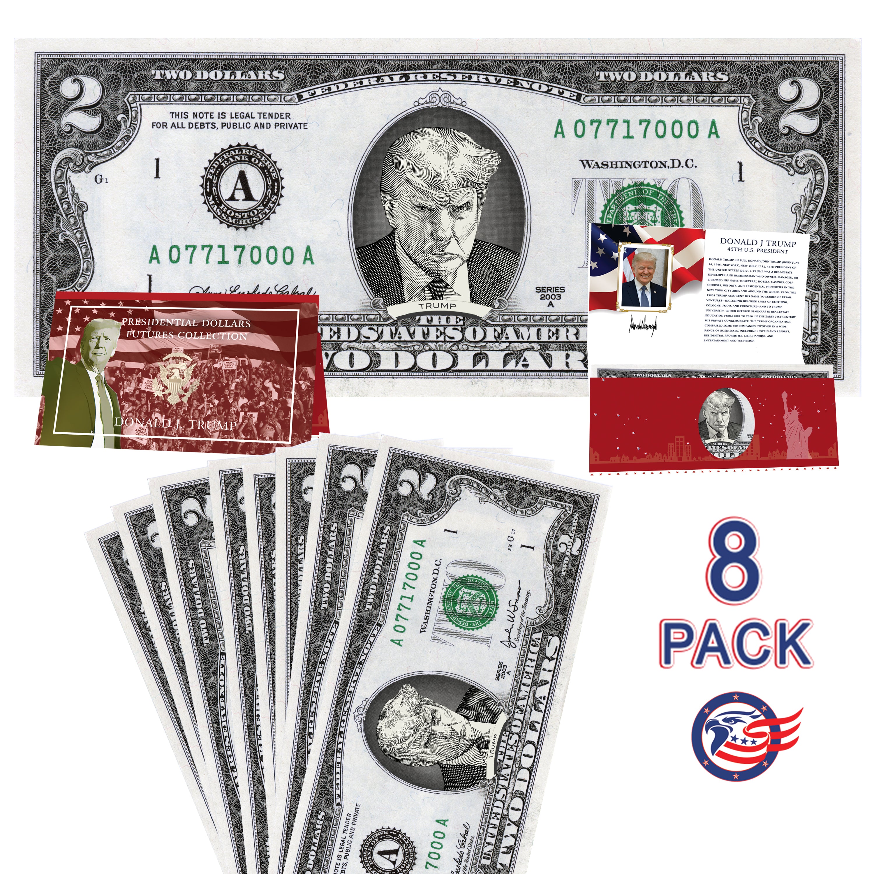 Donald Trump Mugshot Official $2 Dollar Bill w/ Presidential Currency Card. Presidential Futures Collection - REAL USD!