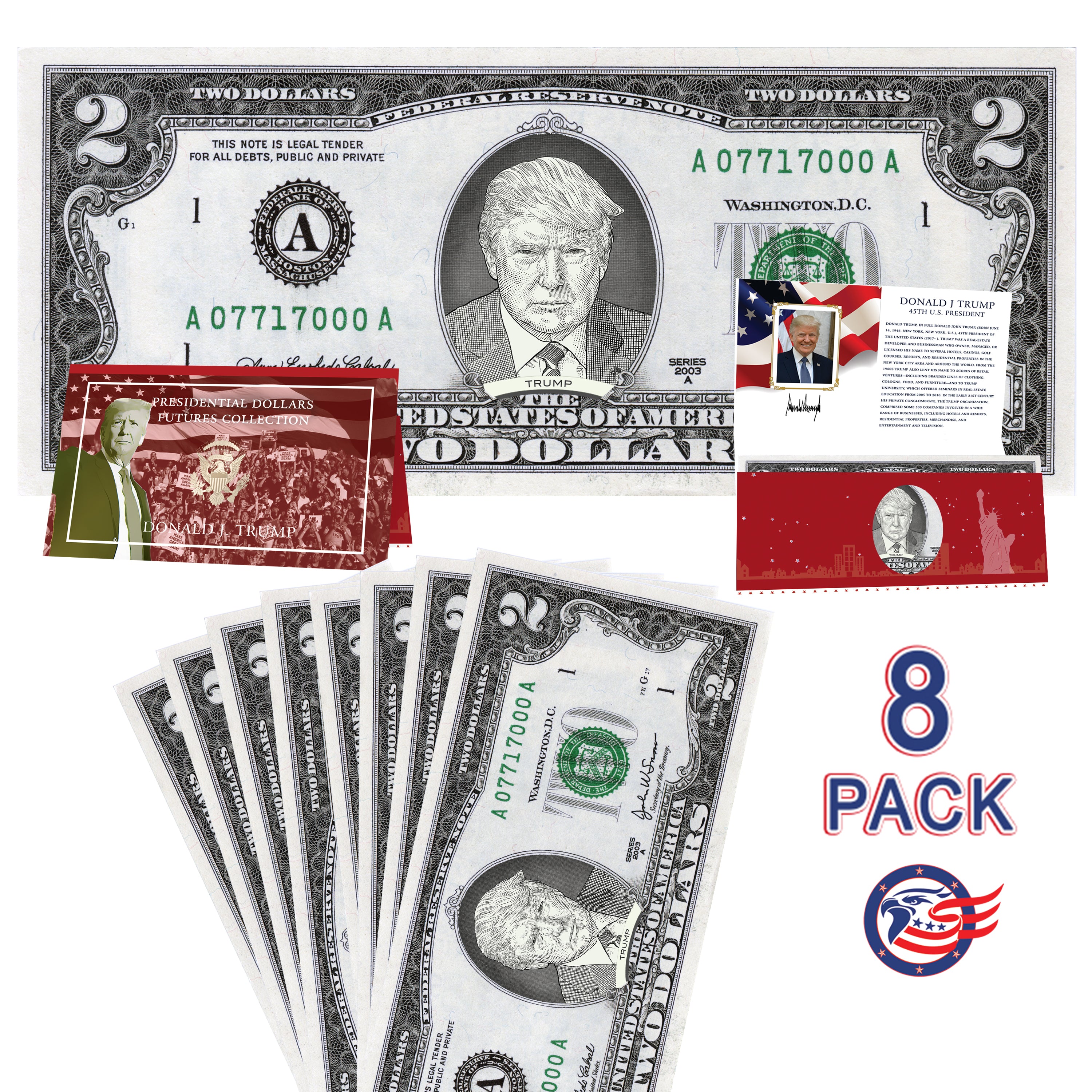 Donald Trump Mugshot Official $2 Dollar Bill w/ Presidential Currency Card. Presidential Futures Collection - REAL USD!