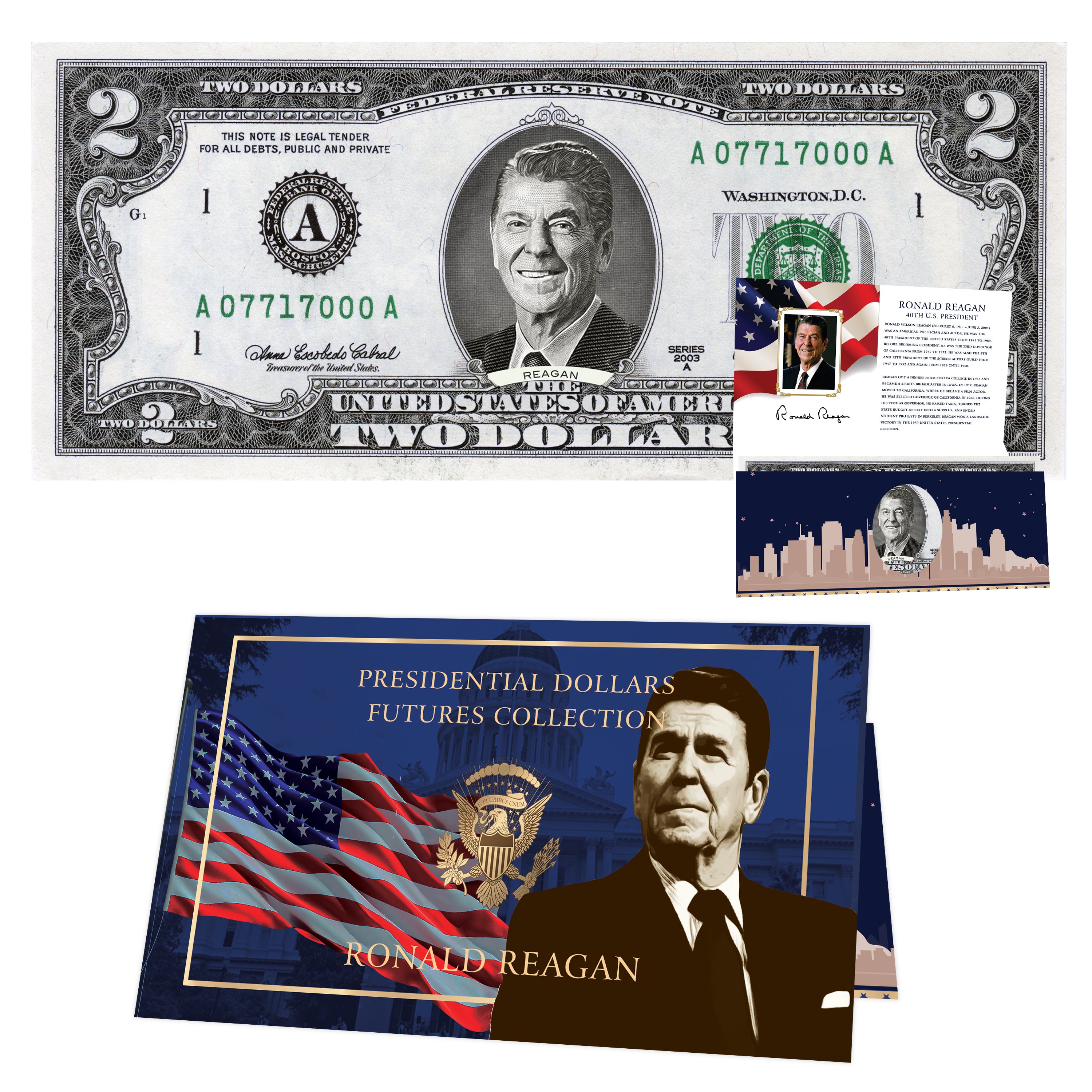 Ronald Reagan $2 Bill. The Official Dollar Bill of Ronald Reagan. Real USD. Bankable & Spendable. Comes with a Trump Greeting Card