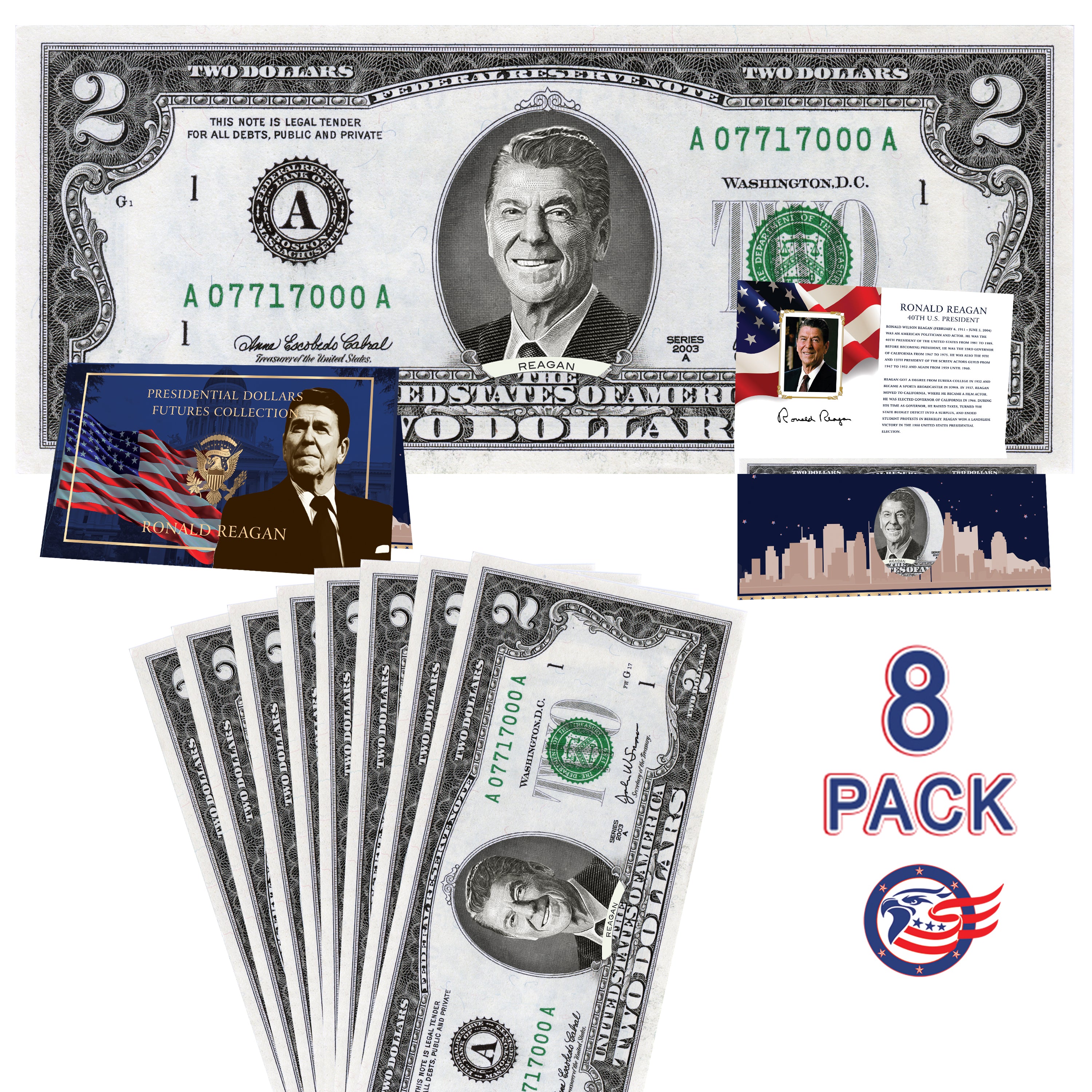 Ronald Reagan $2 Bill. The Official Dollar Bill of Ronald Reagan. Real USD. Bankable & Spendable. Comes with a Trump Greeting Card