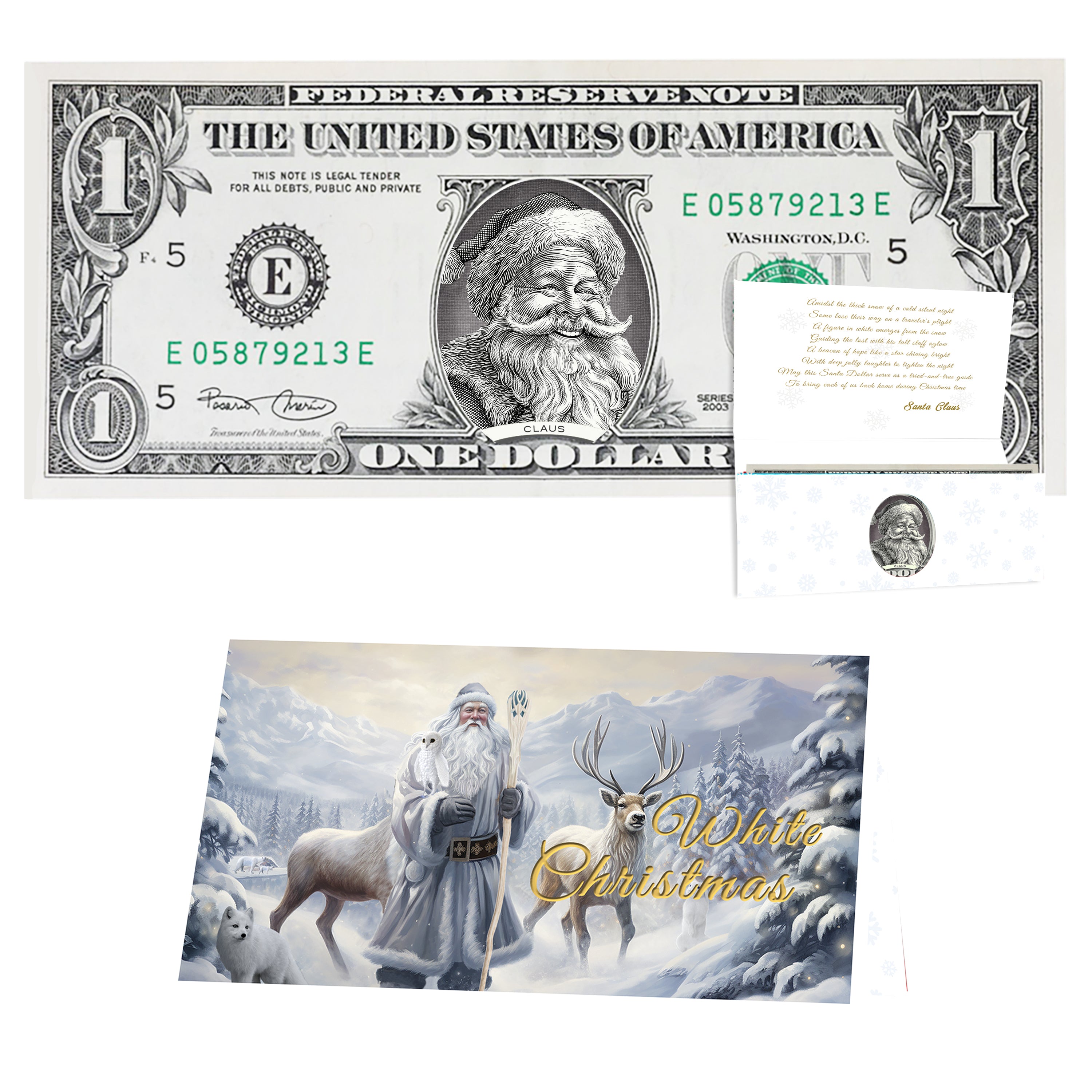 The Official Santa Claus Dollar Bill. "Jolly Old Santa" Version. Perfect Stocking Stuffer. Complete Gift Christmas Gift Package with Holiday Greeting Card. Affordable Christmas Gift