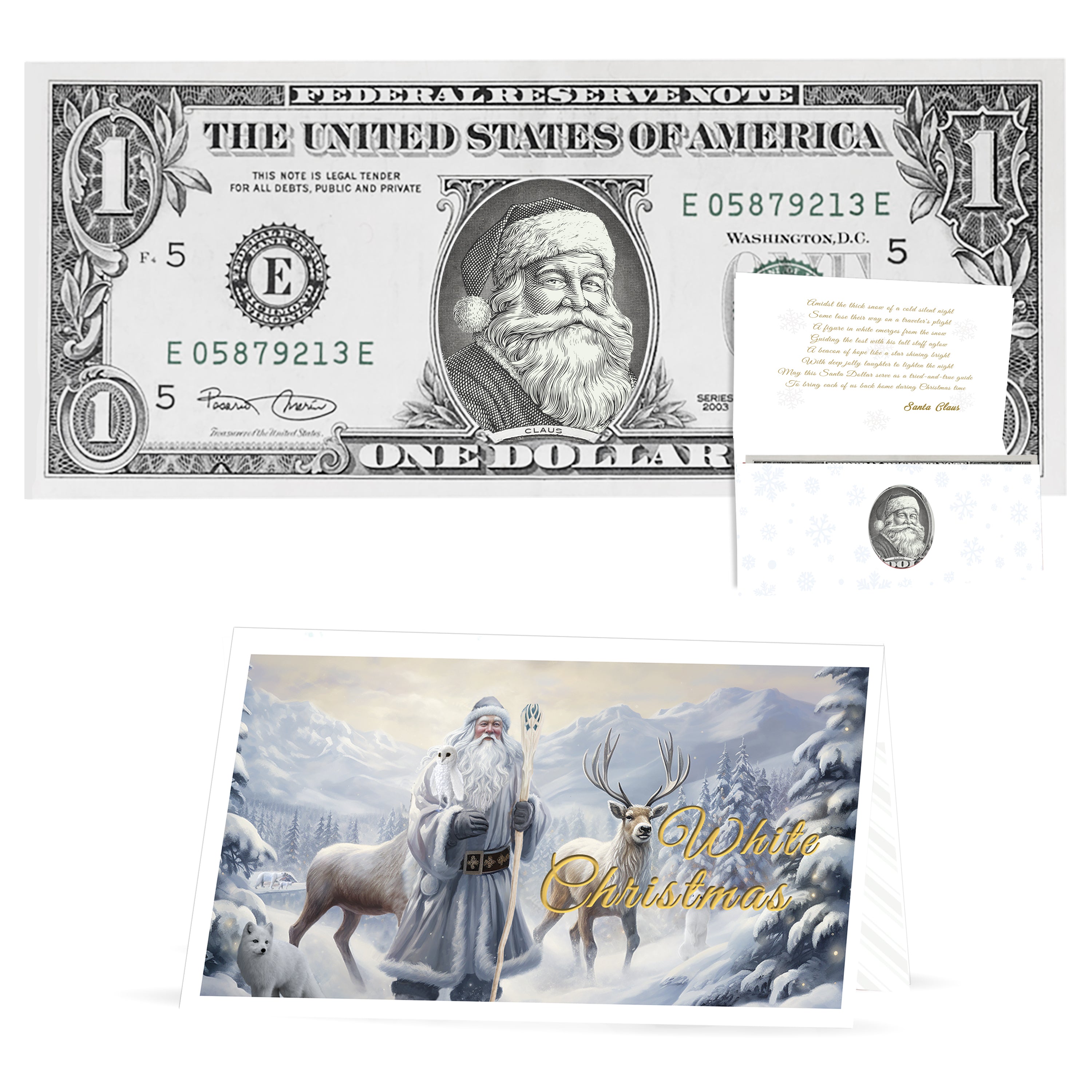 The Official Santa Claus Dollar Bill. "Red Rosy Cheeks" Version. Perfect Stocking Stuffer. Complete Gift Christmas Gift Package with Holiday Greeting Card. Affordable Christmas Gift