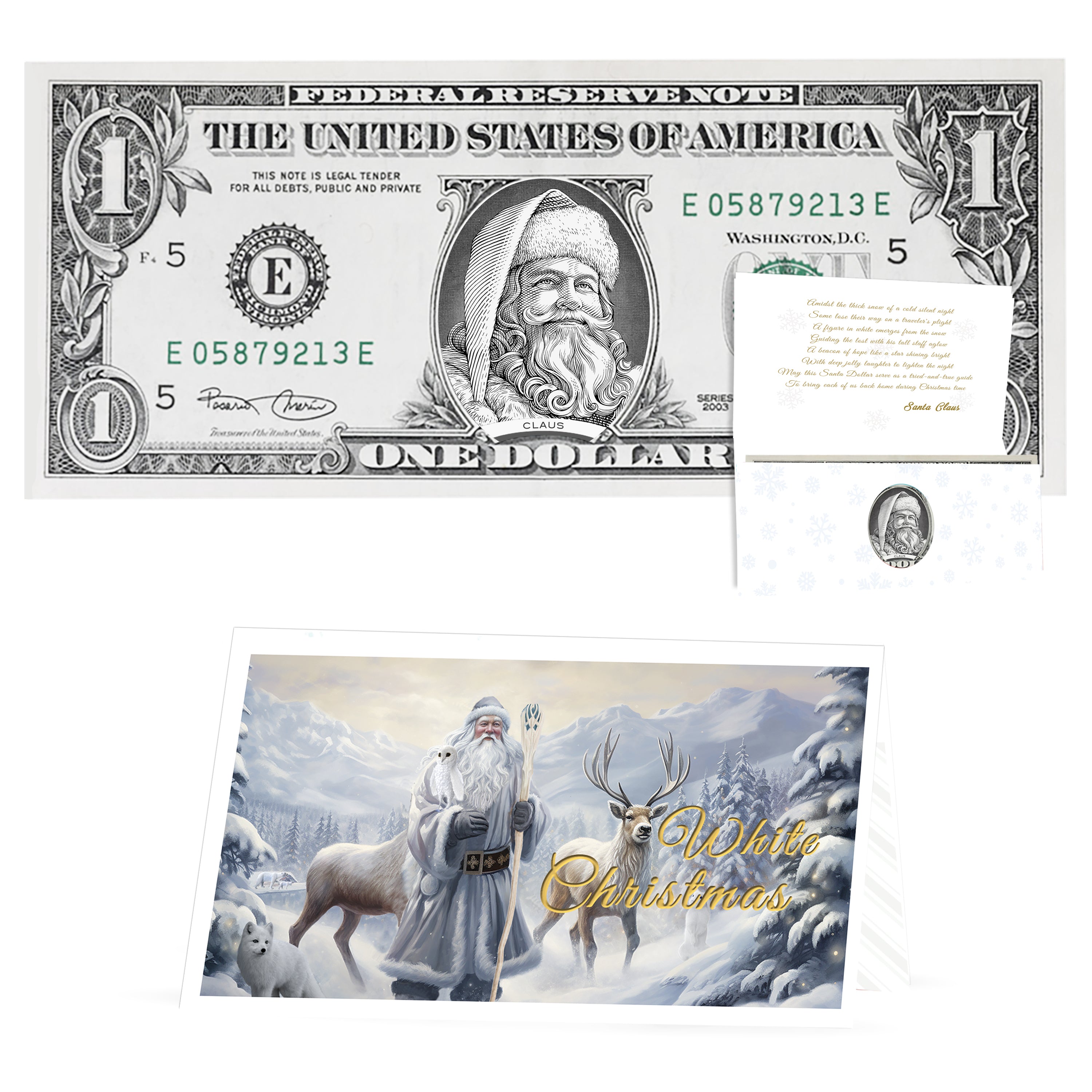 The Official Santa Claus Dollar Bill. "Santa the White" Version. Perfect Stocking Stuffer. Complete Gift Christmas Gift Package with Holiday Greeting Card. Affordable Christmas Gift