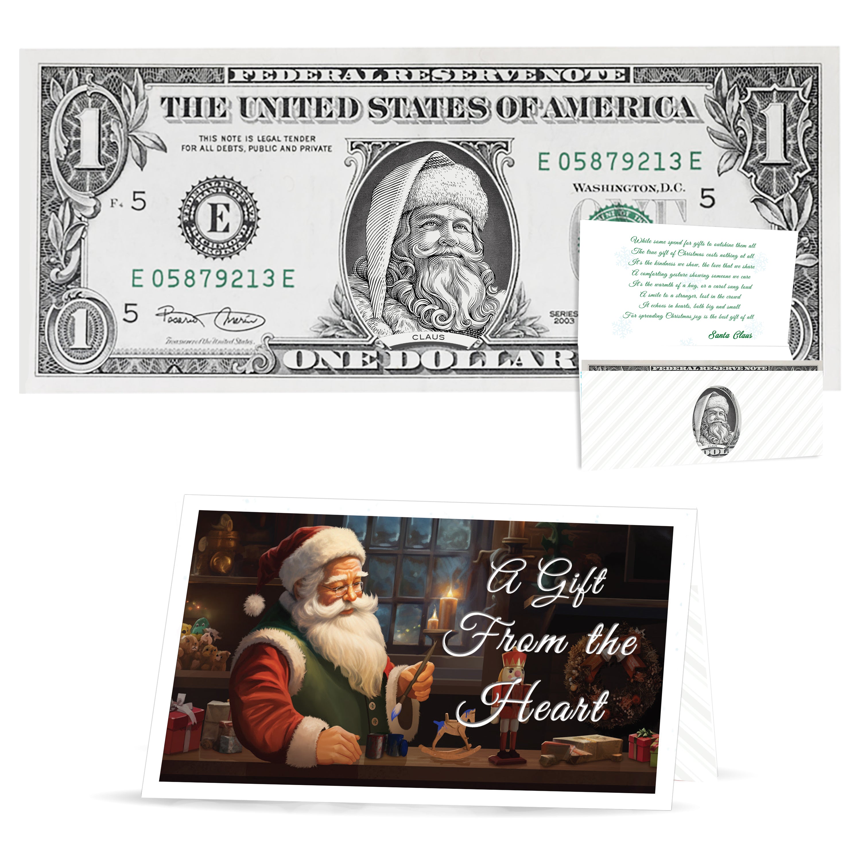 The Official Santa Claus Dollar Bill. "Santa the White" Version. Perfect Stocking Stuffer. Complete Gift Christmas Gift Package with Holiday Greeting Card. Affordable Christmas Gift