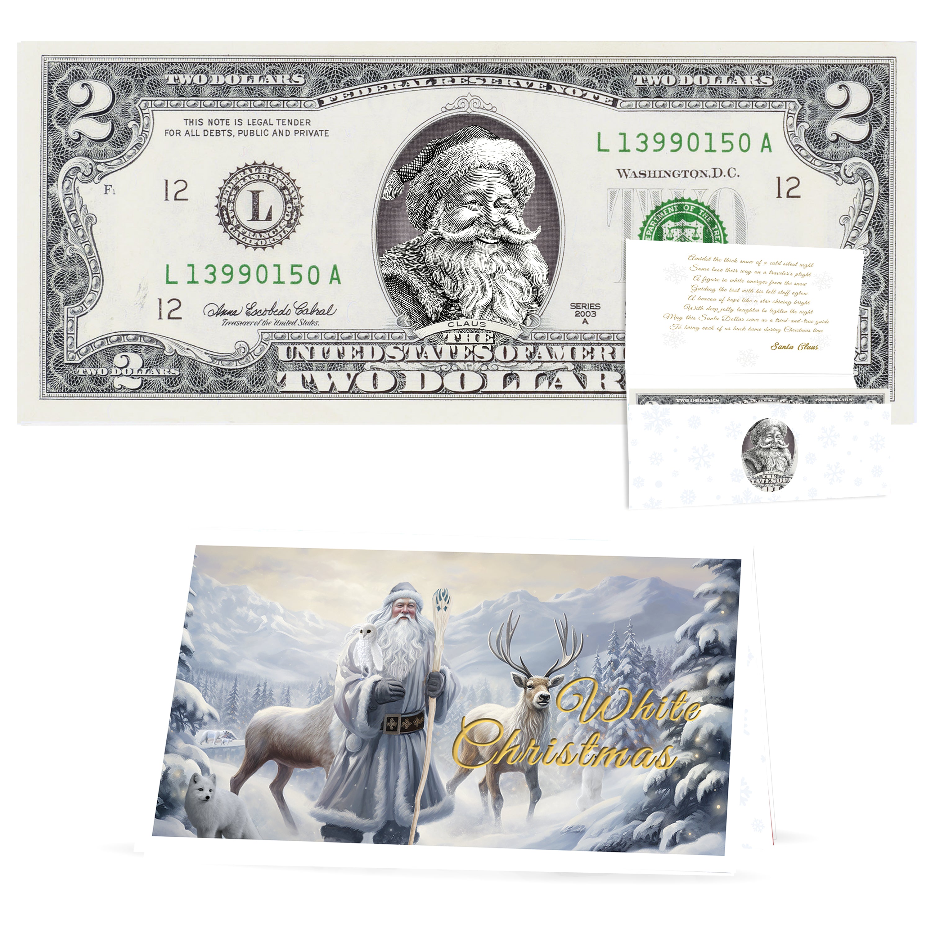 Official Santa Claus $2 Bill. Real USD. Bankable & Spendable. The Gift of Christmas Giving