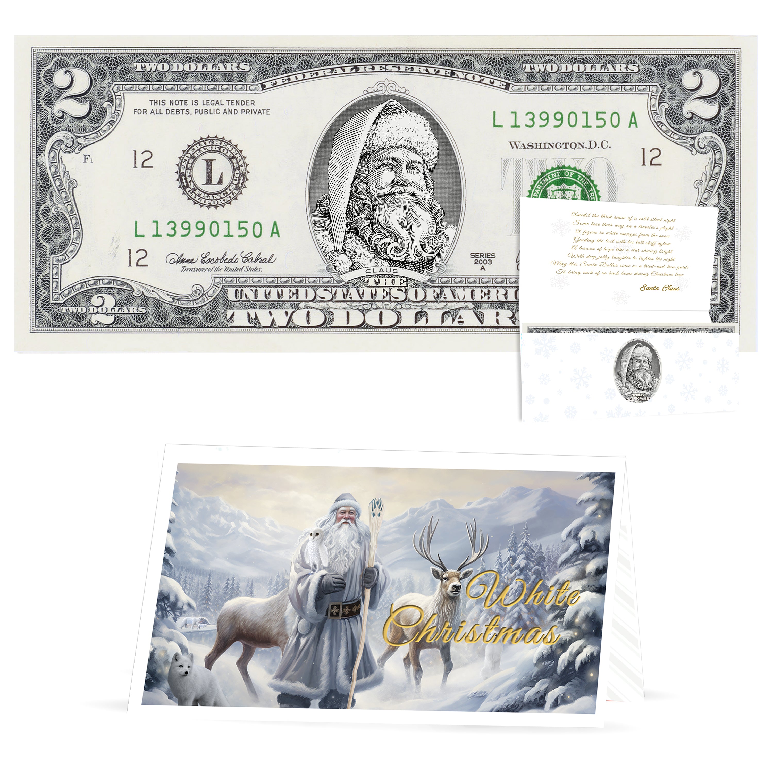 Official Santa Claus $2 Bill. Real USD. Bankable & Spendable. The Gift of Christmas Giving