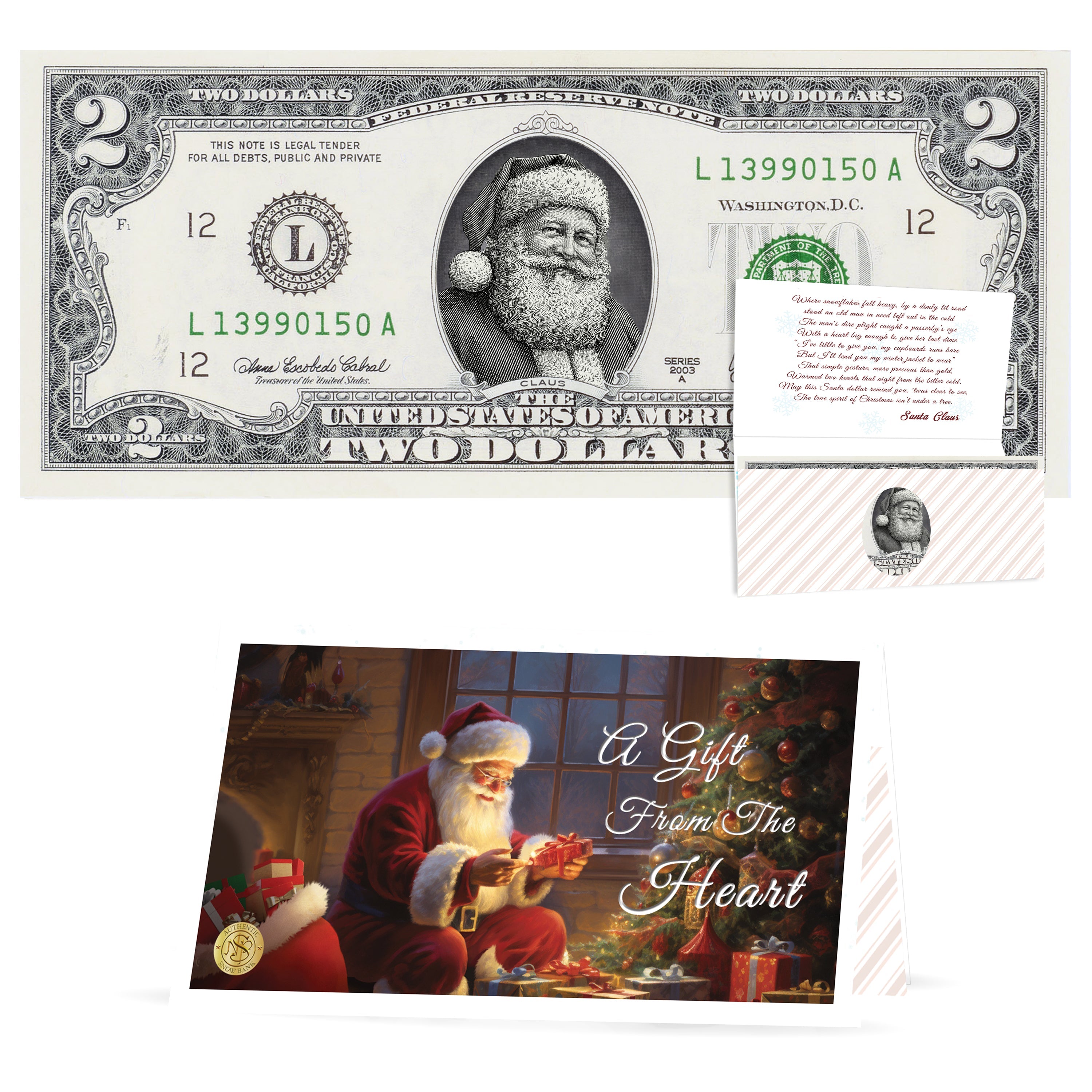 Official Santa Claus $2 Bill. Santa With Twinkle in His Eyes Version. Real USD. Bankable & Spendable. The Gift of Christmas Giving