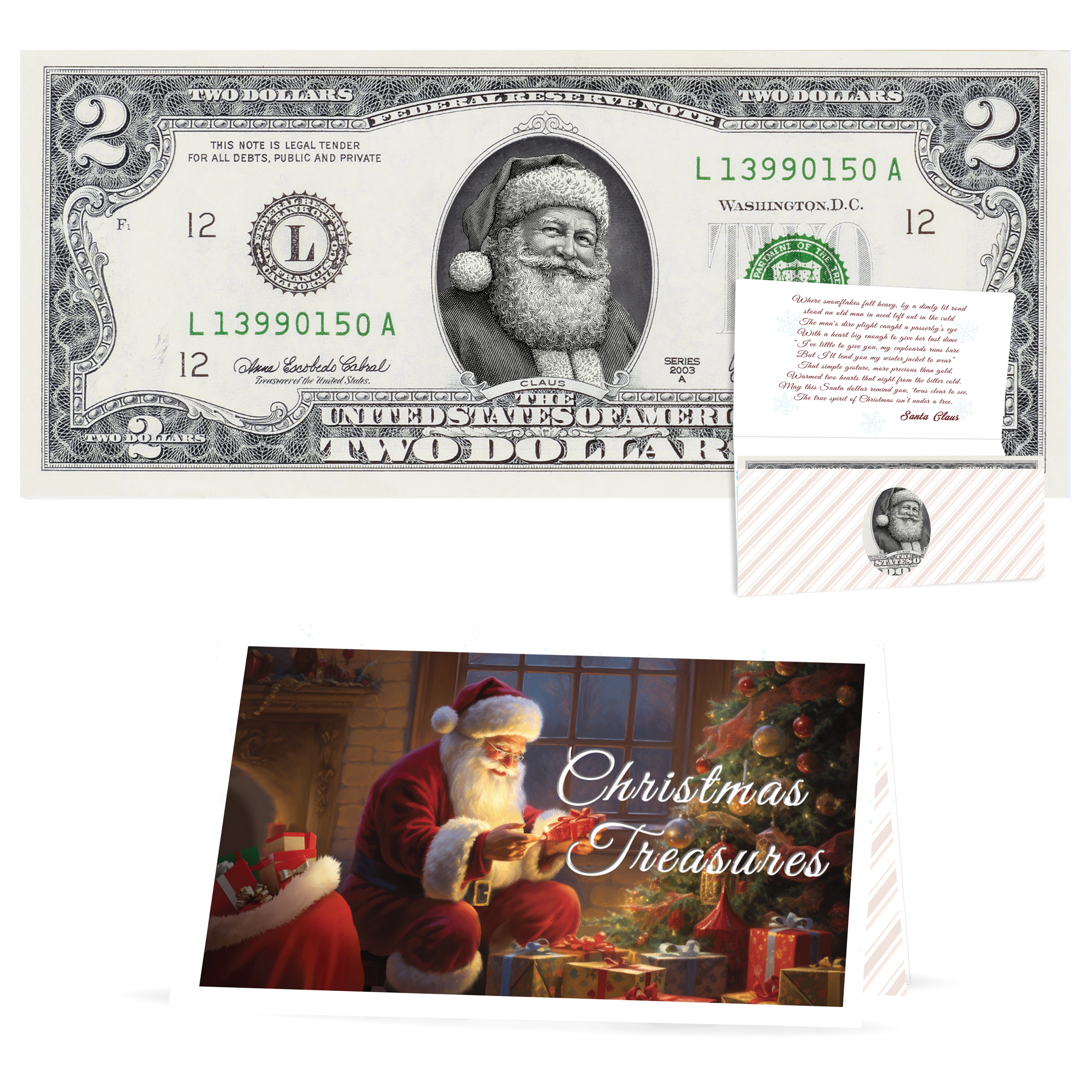 Official Santa Claus $2 Bill. Real USD. Bankable & Spendable. The Gift of Christmas Giving