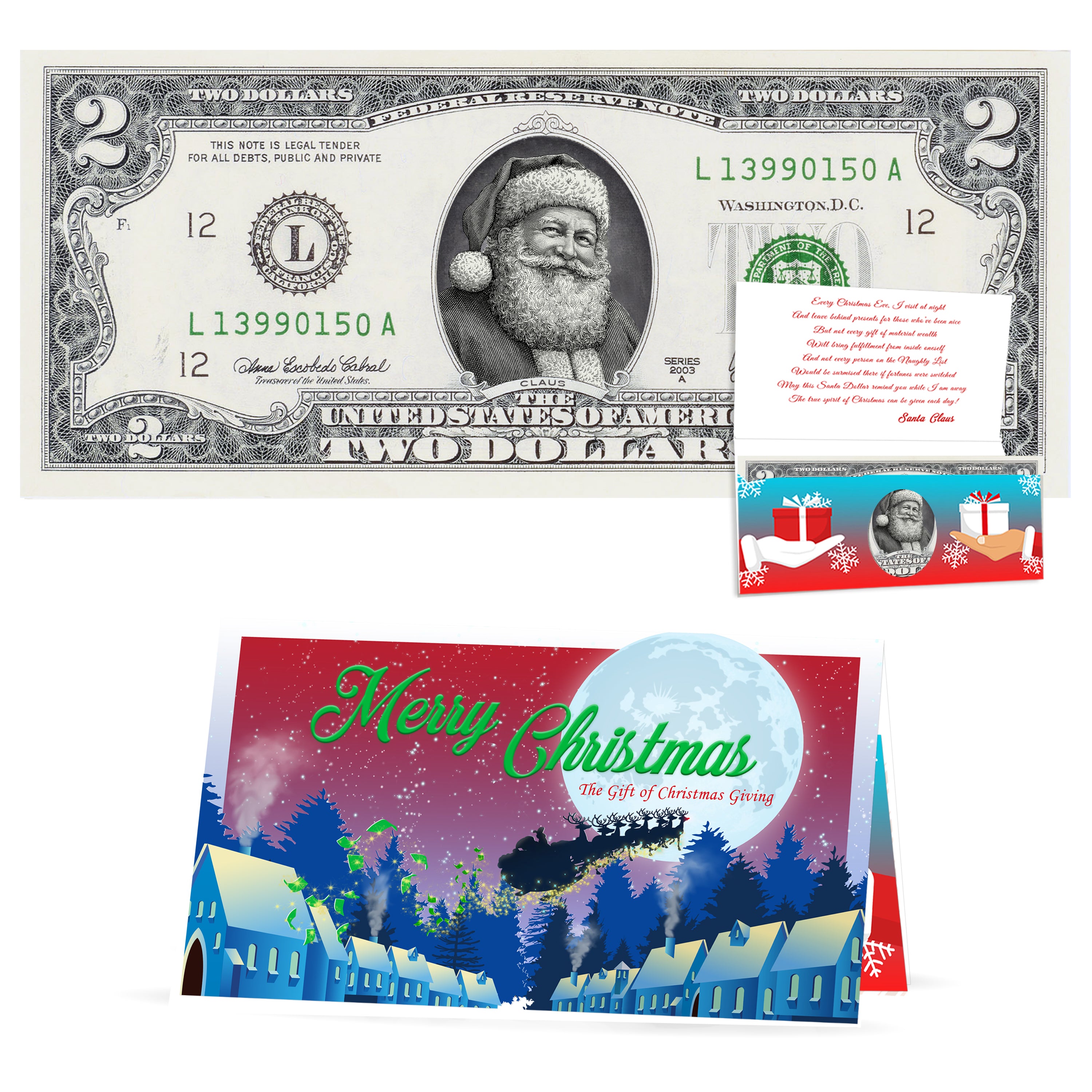 Official Santa Claus $2 Bill. Real USD. Bankable & Spendable. The Gift of Christmas Giving