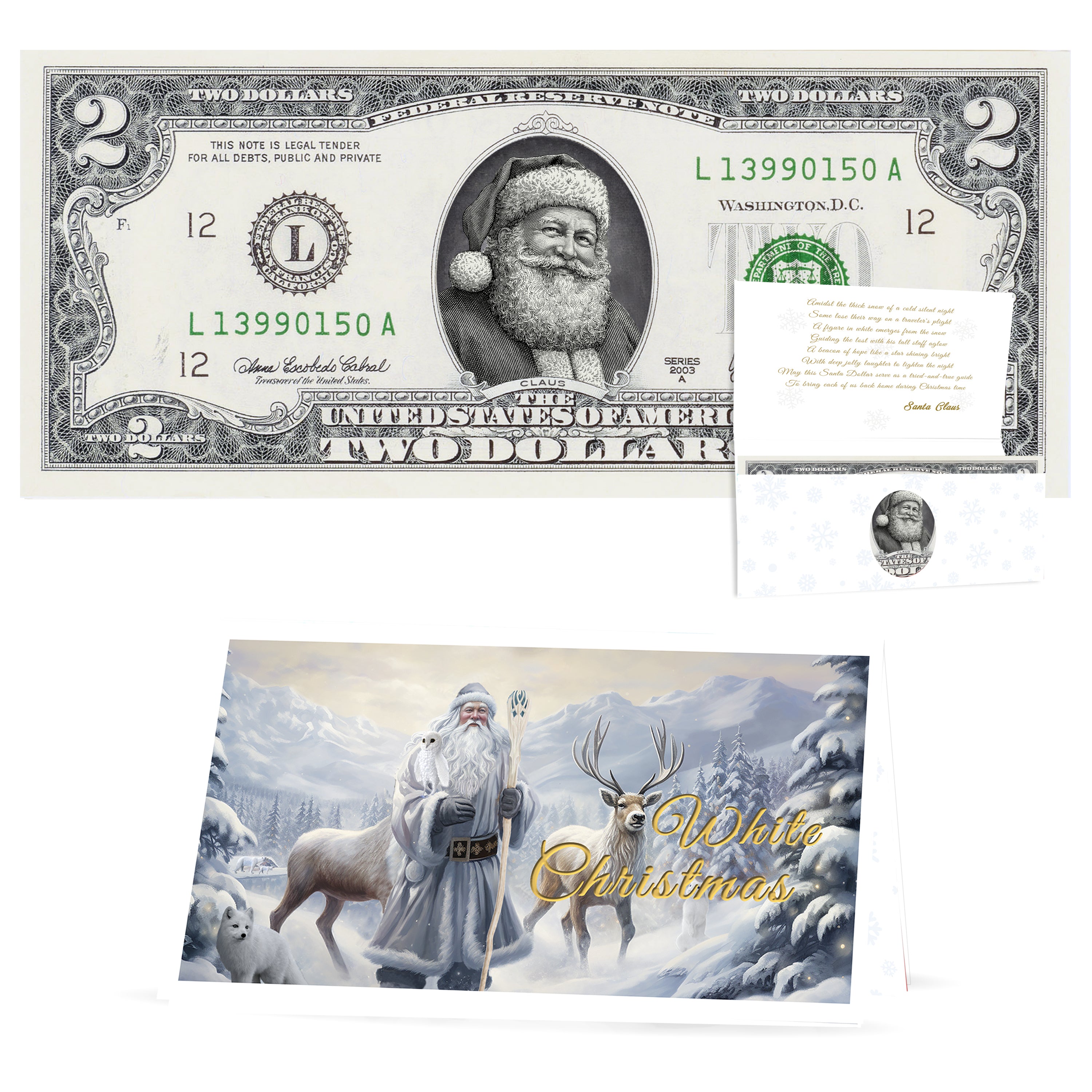 Official Santa Claus $2 Bill. Real USD. Bankable & Spendable. The Gift of Christmas Giving