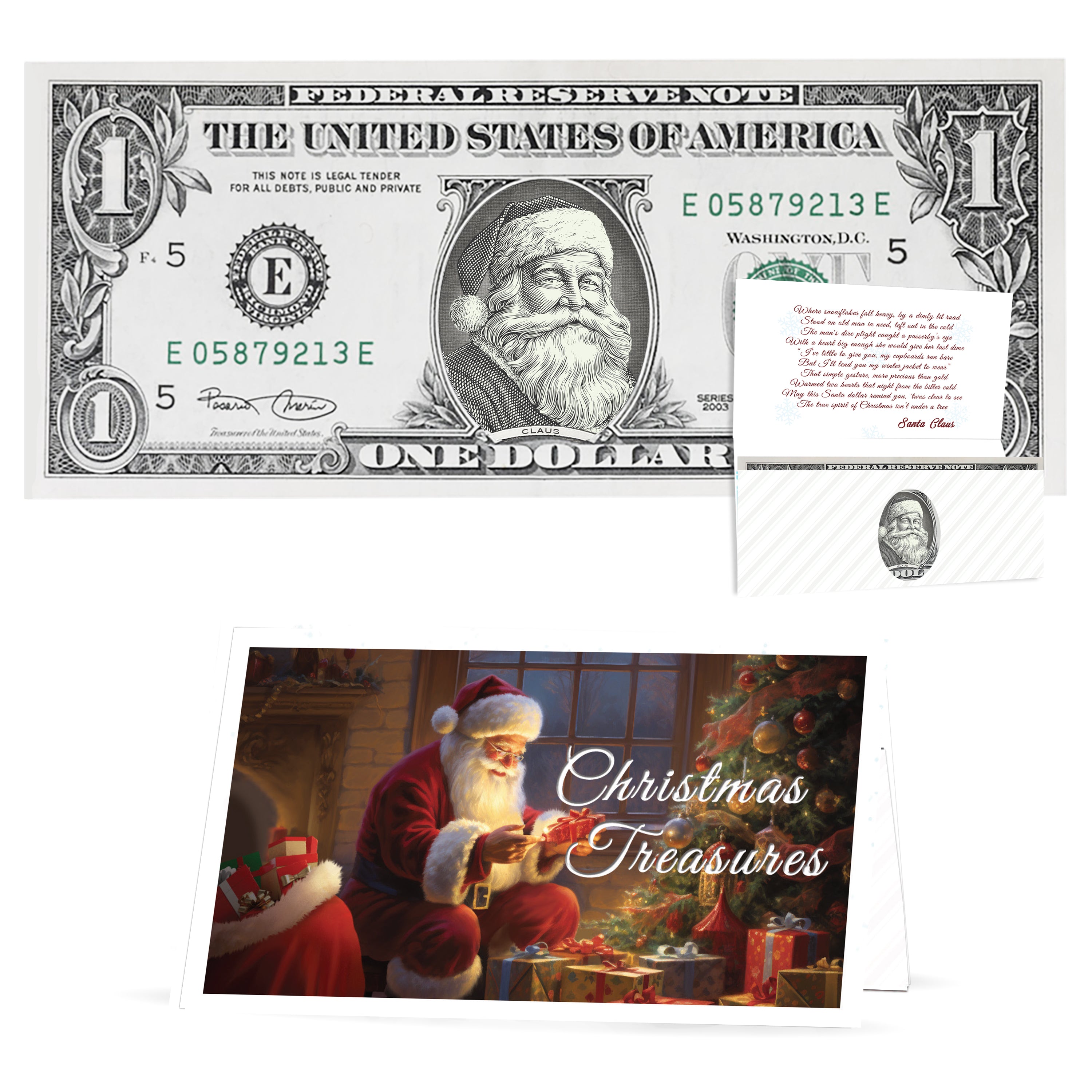The Official Santa Claus Dollar Bill. "Red Rosy Cheeks" Version. Perfect Stocking Stuffer. Complete Gift Christmas Gift Package with Holiday Greeting Card. Affordable Christmas Gift