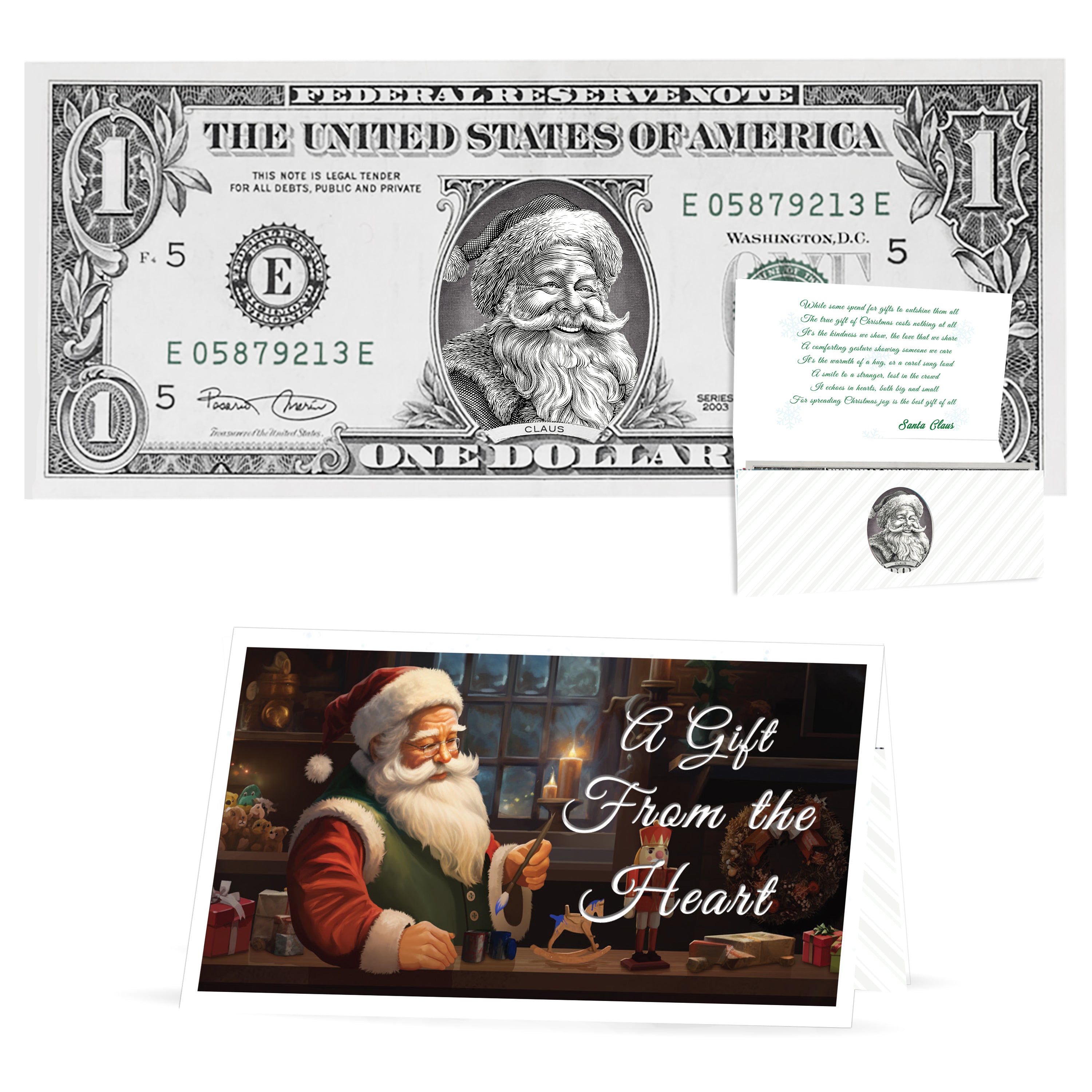 The Official Santa Claus Dollar Bill. "Jolly Old Santa" Version. Perfect Stocking Stuffer. Complete Gift Christmas Gift Package with Holiday Greeting Card. Affordable Christmas Gift