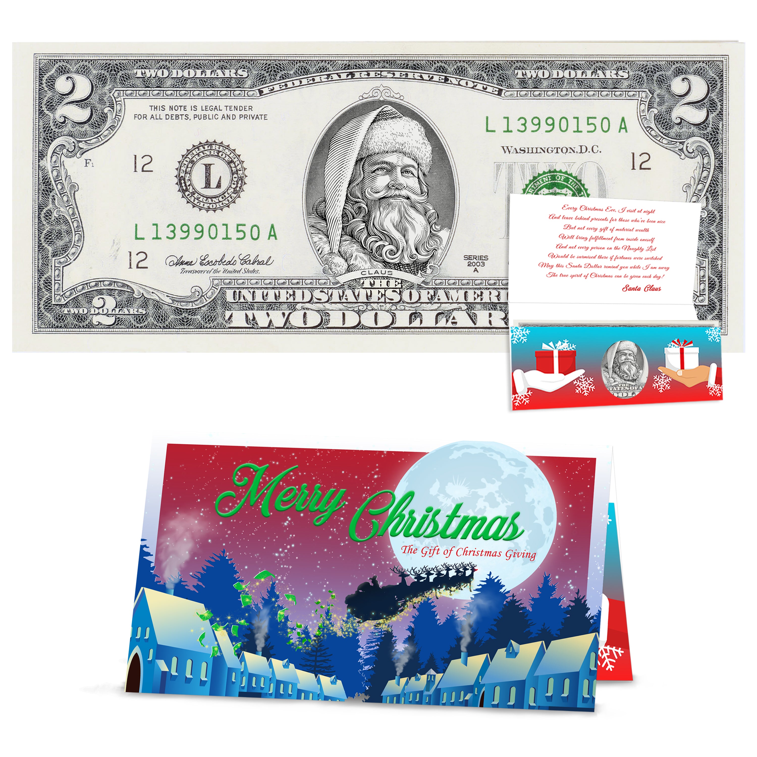 Official Santa Claus $2 Bill. Real USD. Bankable & Spendable. The Gift of Christmas Giving