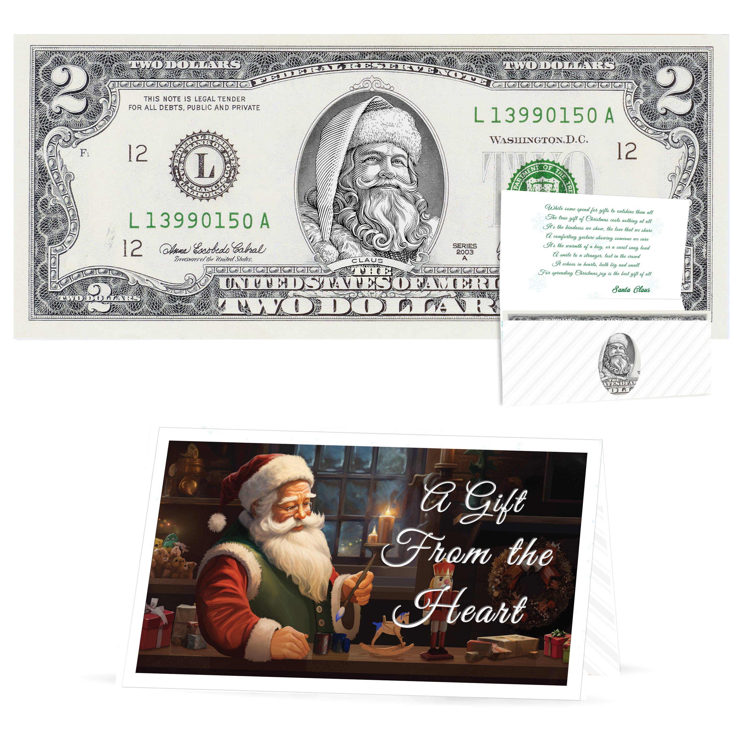 Official Santa Claus $2 Bill. Real USD. Bankable & Spendable. The Gift of Christmas Giving