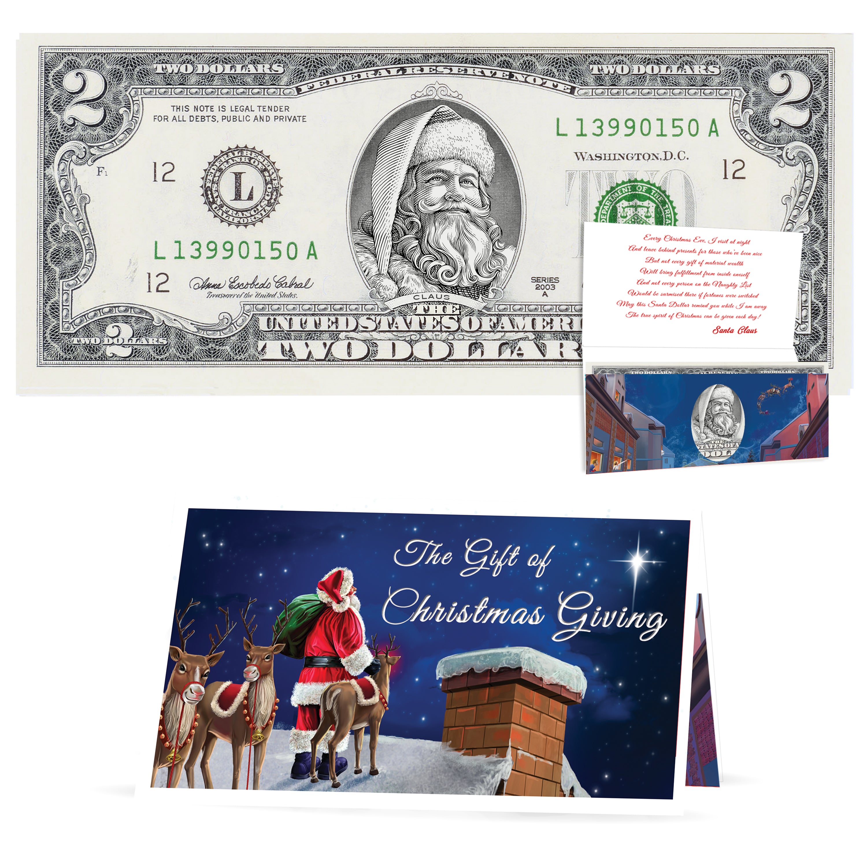 Official Santa Claus $2 Bill. Real USD. Bankable & Spendable. The Gift of Christmas Giving