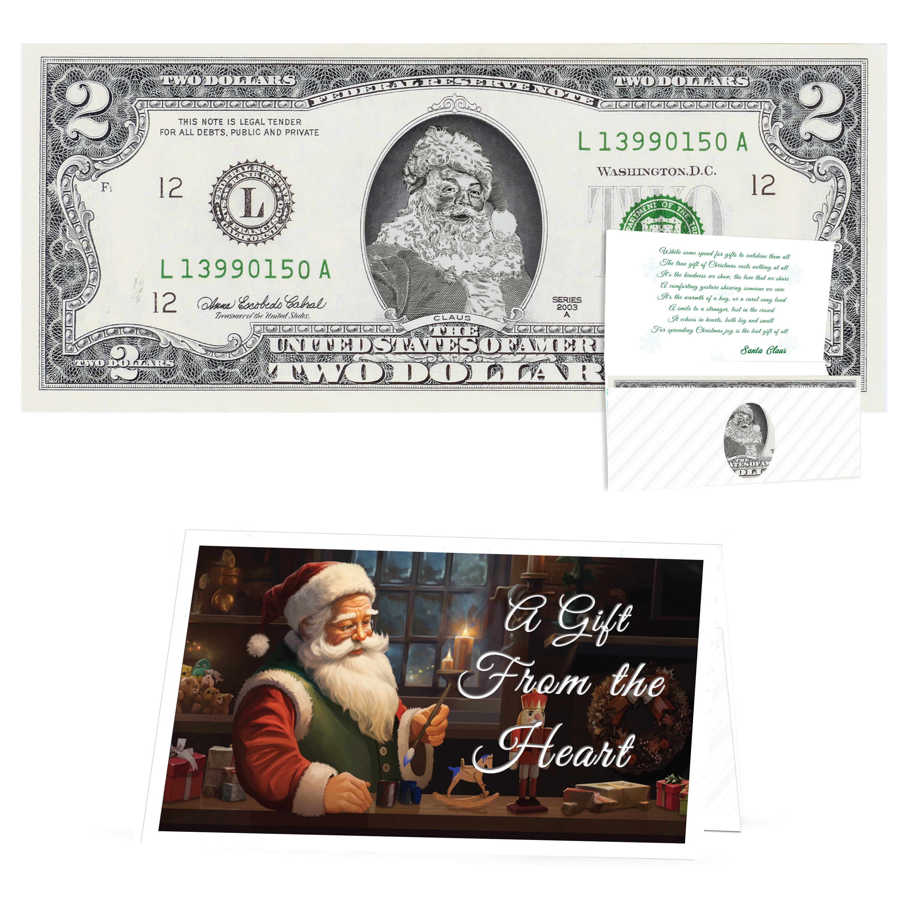 Official Santa Claus $2 Bill. Real USD. Bankable & Spendable. The Gift of Christmas Giving