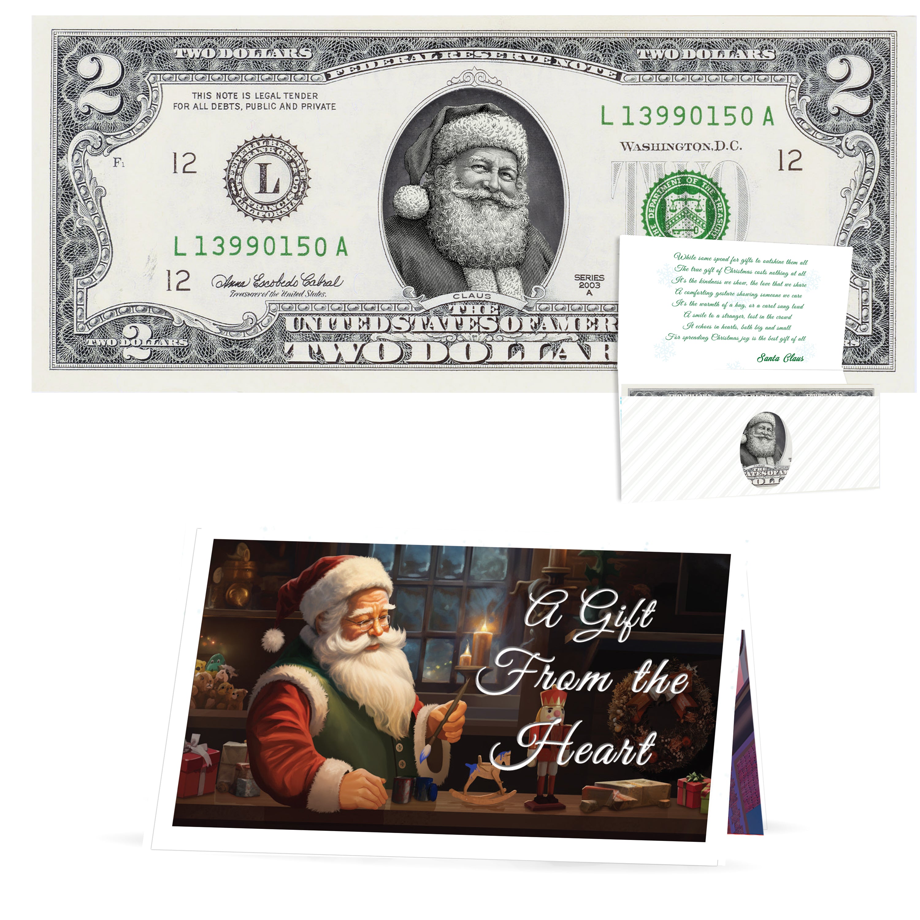 Official Santa Claus $2 Bill. Real USD. Bankable & Spendable. The Gift of Christmas Giving