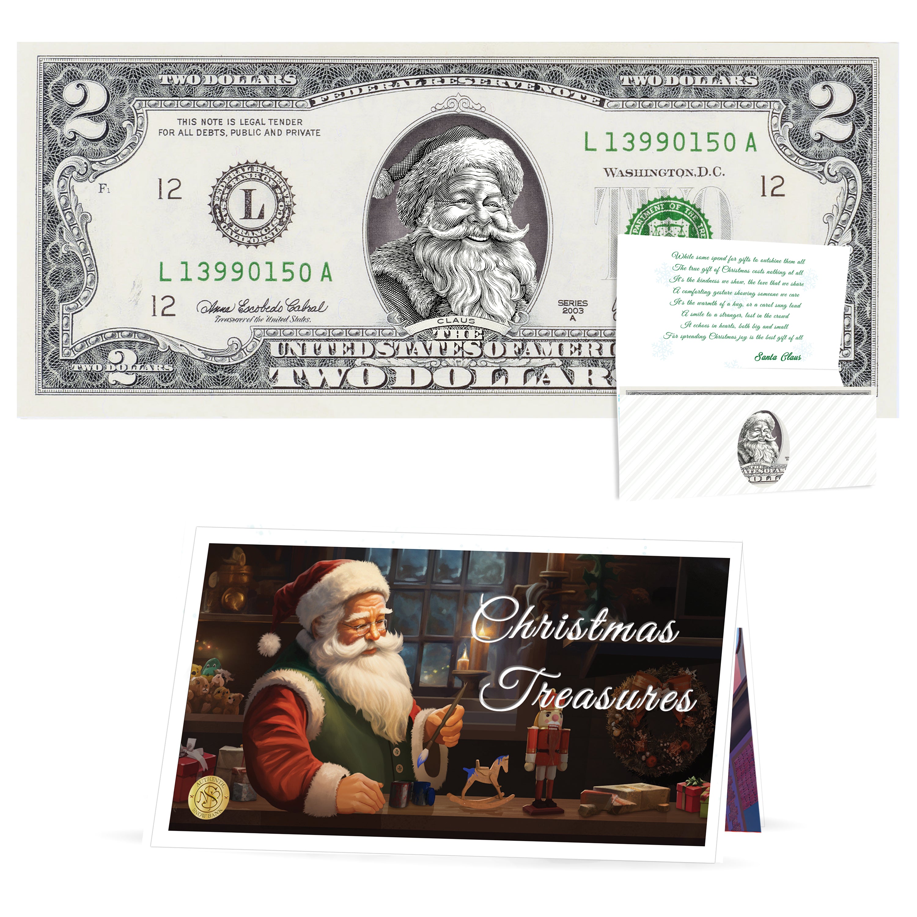 Official Santa Claus $2 Bill. Real USD. Bankable & Spendable. The Gift of Christmas Giving