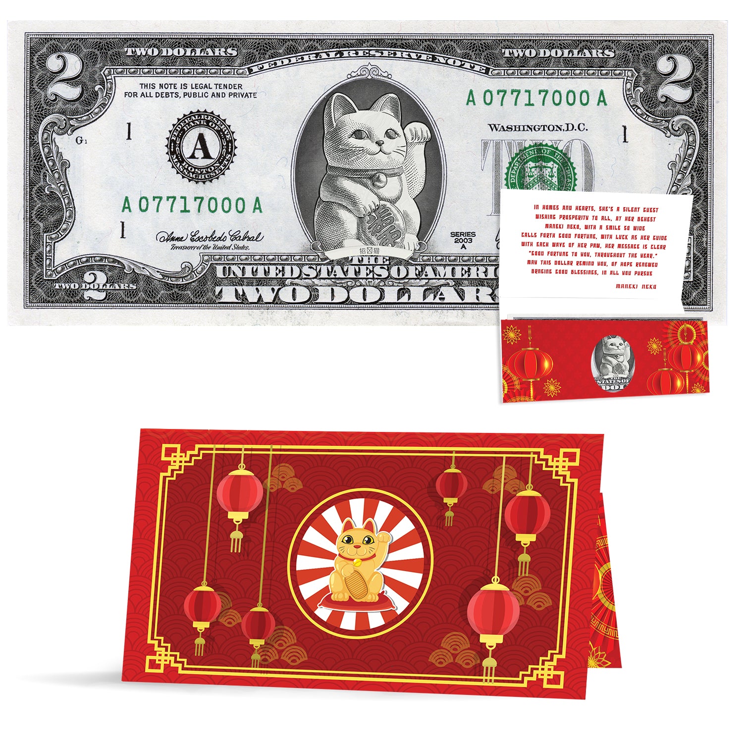 Lucky Cat 2.0 Dollar Bill – Maneki Neko Prosperity Money Gift – Authentic USD in Red Envelope for Chinese New Year & Christmas
