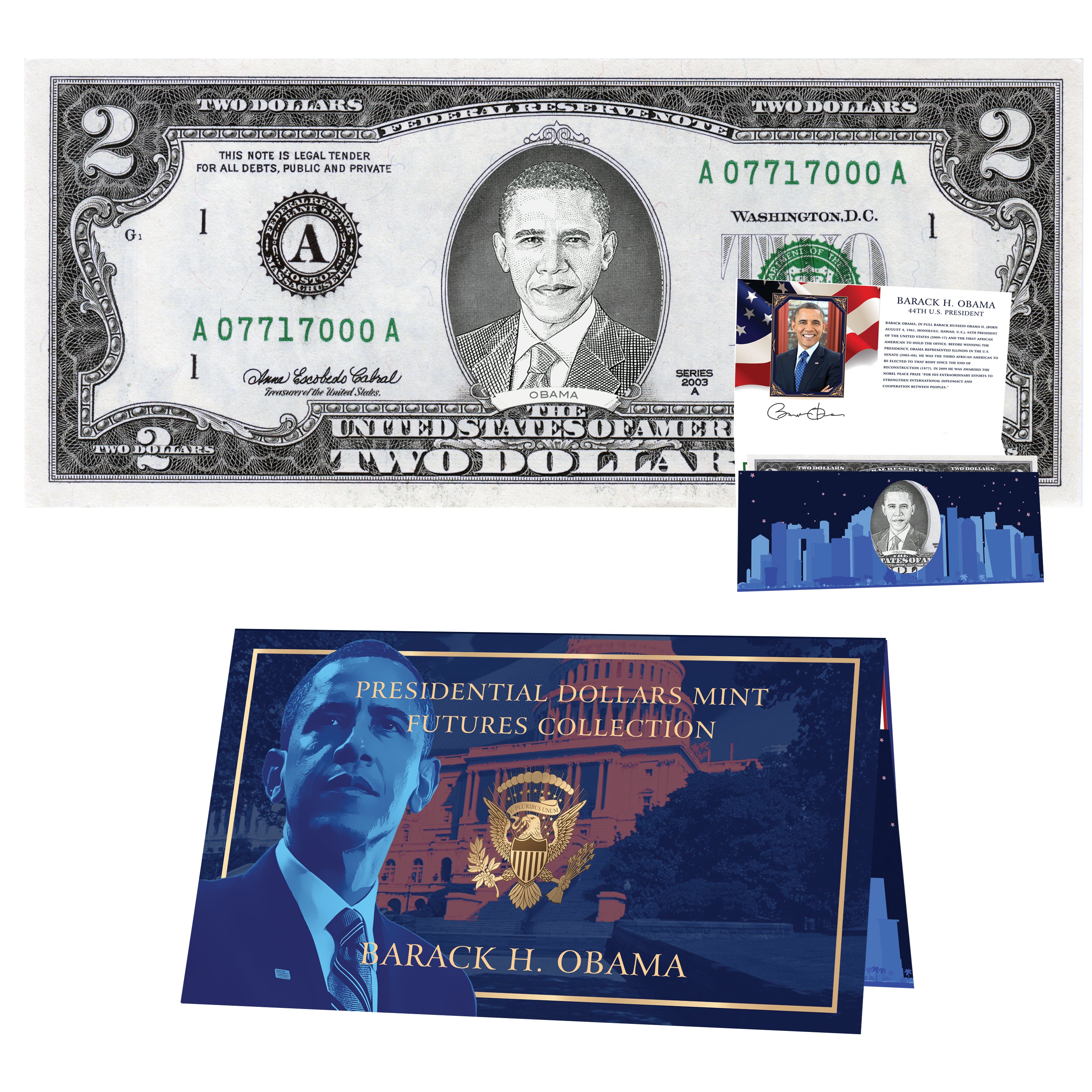 Barack Obama $2 Dollar Bill w/ Official Currency Card - REAL USD!