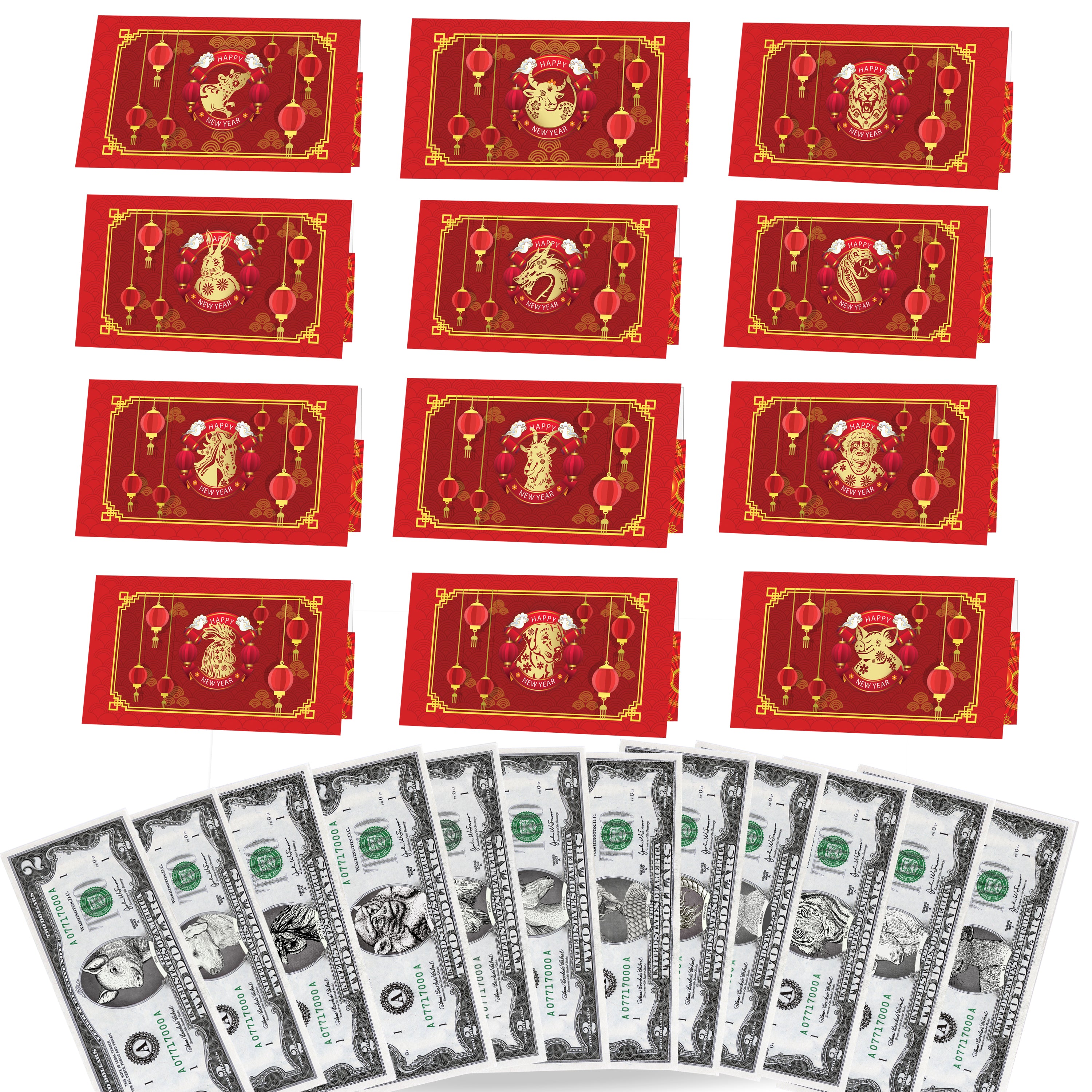 Official Chinese New Year Lucky Dollar Money Collection: Real 2.0 USD with Removable Seal. 12-Pack. Full Chinese Zodiac Collection (Copy)