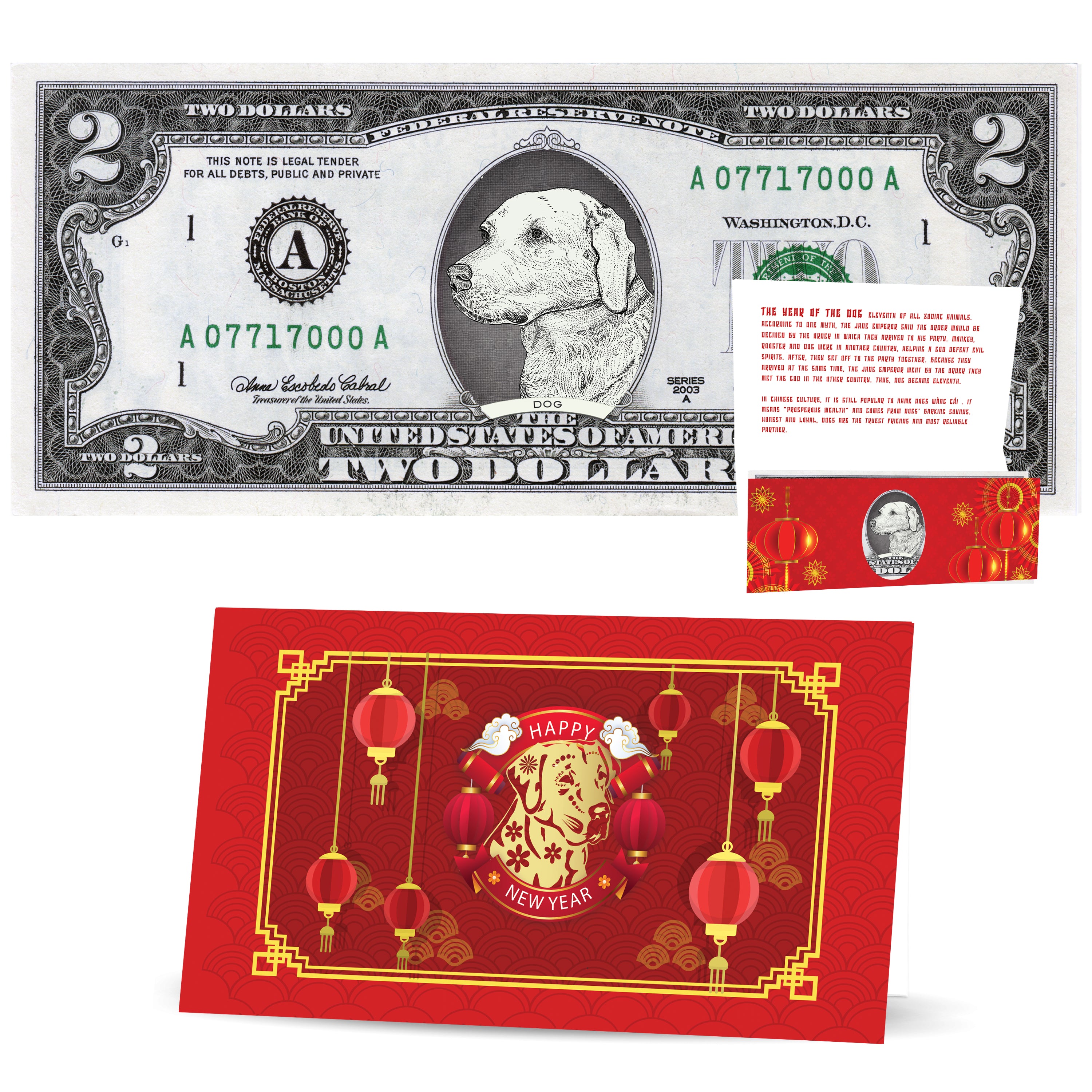 Official Chinese New Year Lucky Dollar: Real 2.0 USD. Bankable & Spendable. Year of the Dog Lucky Red Packet and Envelope