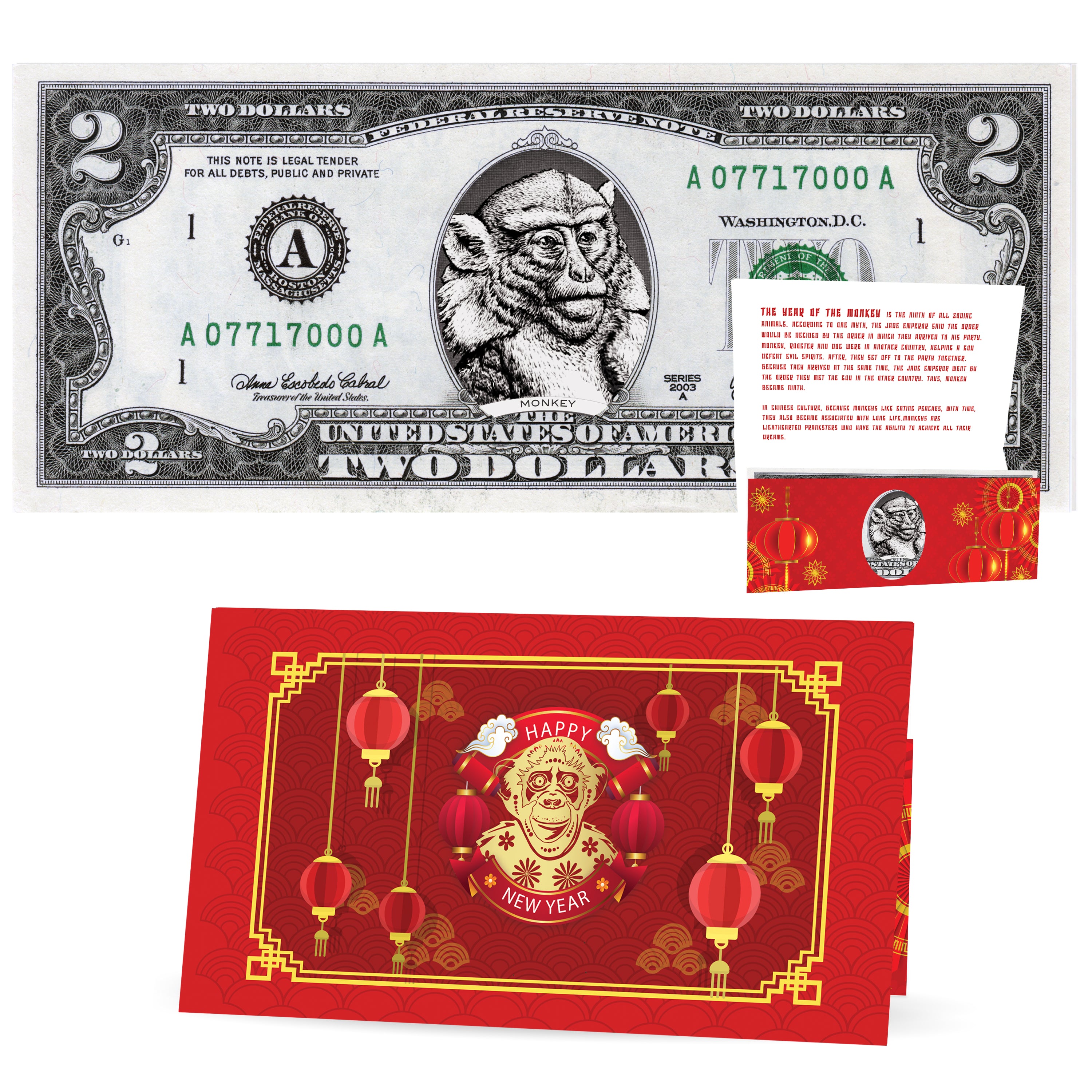 Official Chinese New Year Lucky Dollar: Real 2.0 USD. Bankable & Spendable. Year of the Monkey Lucky Red Packet and Envelope