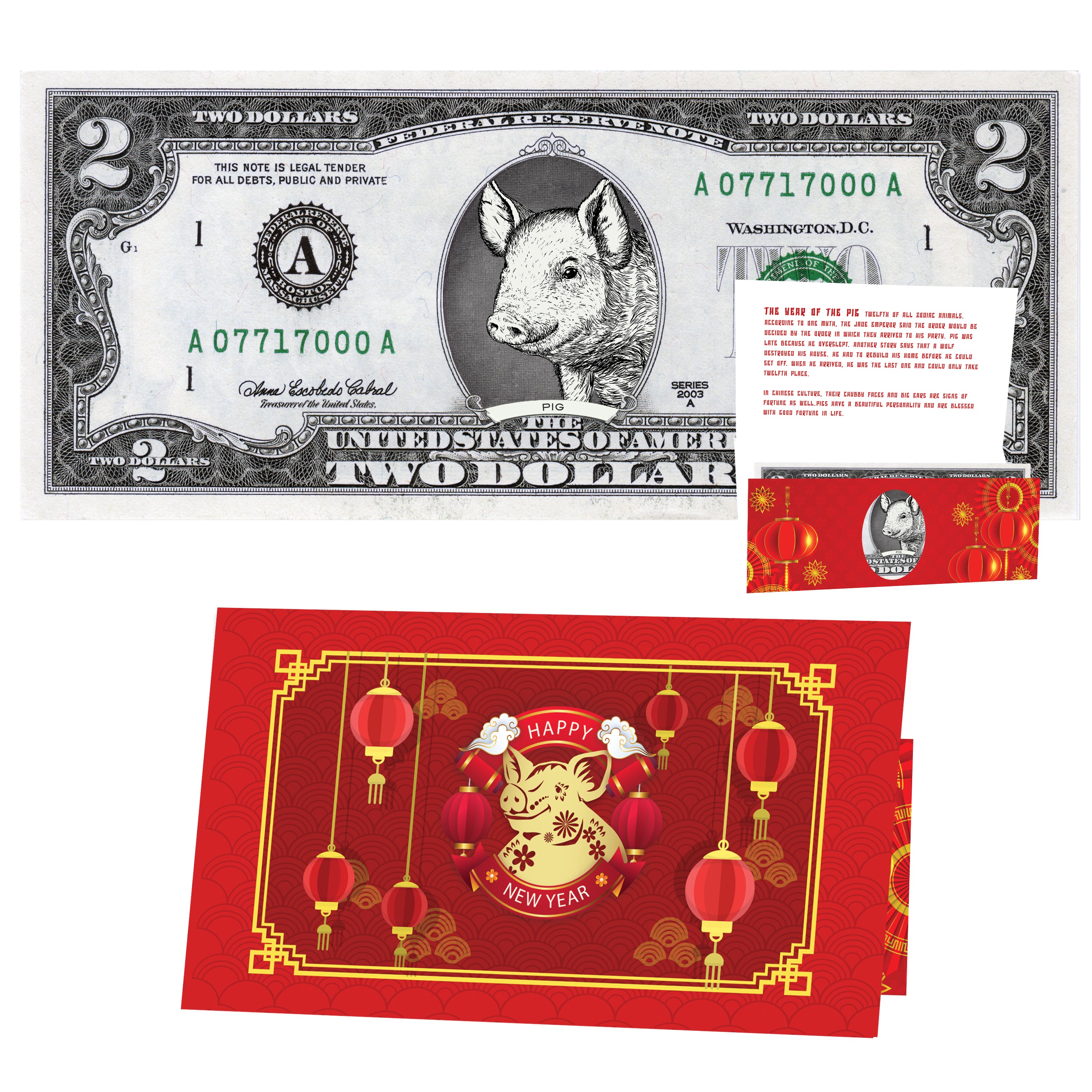 Official Chinese New Year Lucky Dollar: Real 2.0 USD. Bankable & Spendable. Year of the Pig Lucky Red Packet and Envelope (Copy)