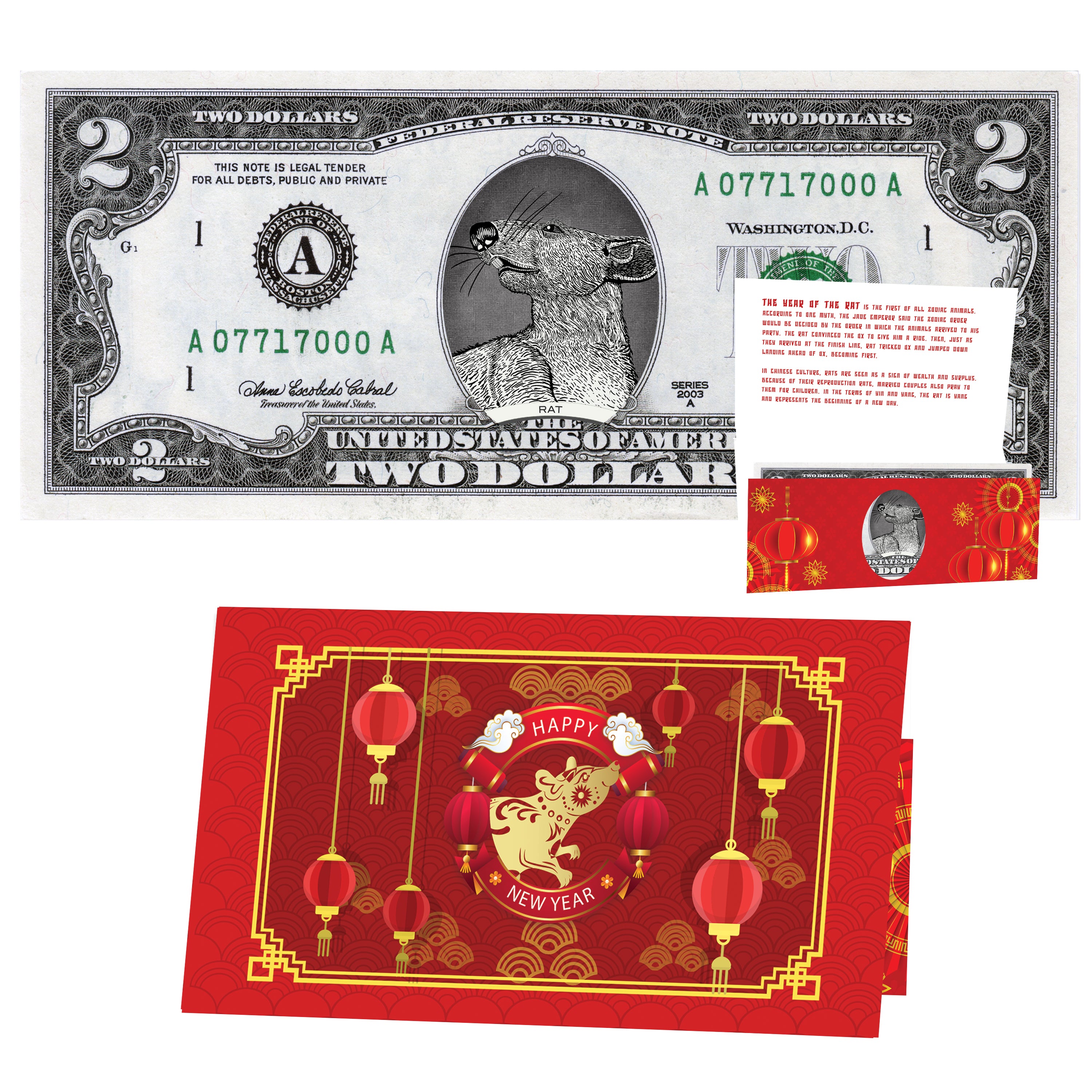 Official Chinese New Year Lucky Dollar: Real 2.0 USD. Bankable & Spendable. Year of the Rat Lucky Red Packet and Envelope (Copy)