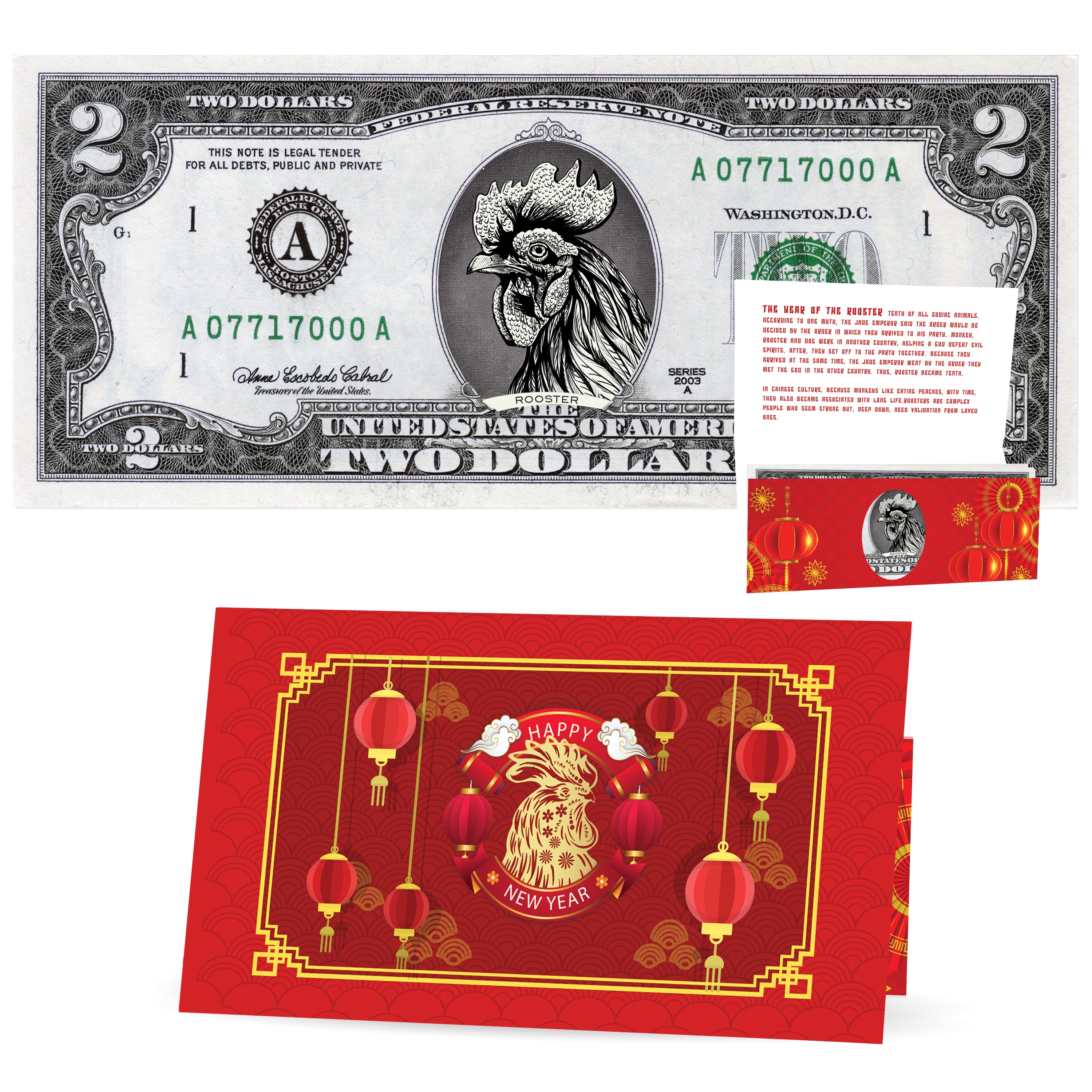 Official Chinese New Year Lucky Dollar: Real 2.0 USD. Bankable & Spendable. Year of the Rooster Lucky Red Packet and Envelope