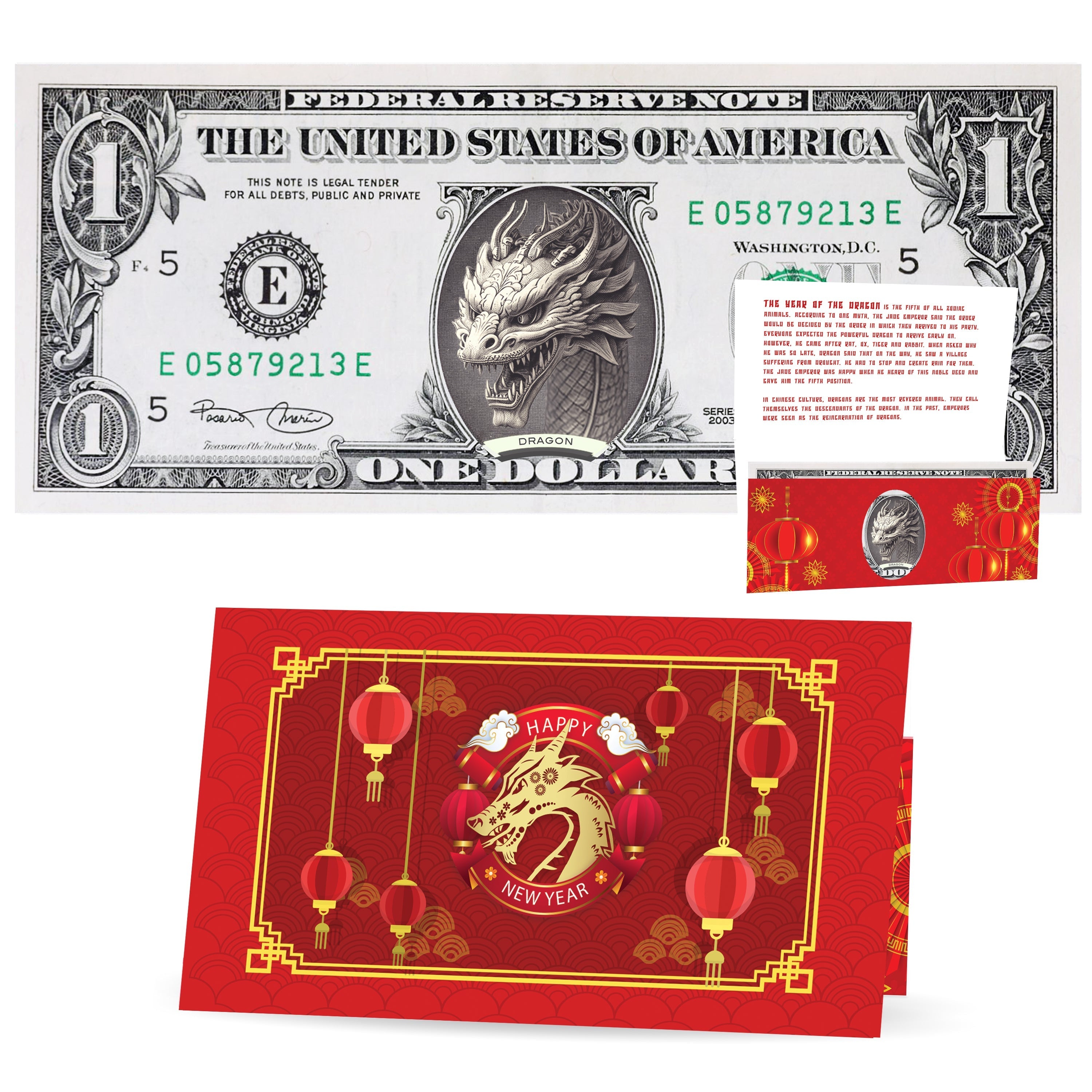 Official Chinese New Year Lucky Dollar: Real 1.0 USD Chinese New Year Money Bankable & Spendable. Year of the Dragon Lucky Red Packet and Envelope.