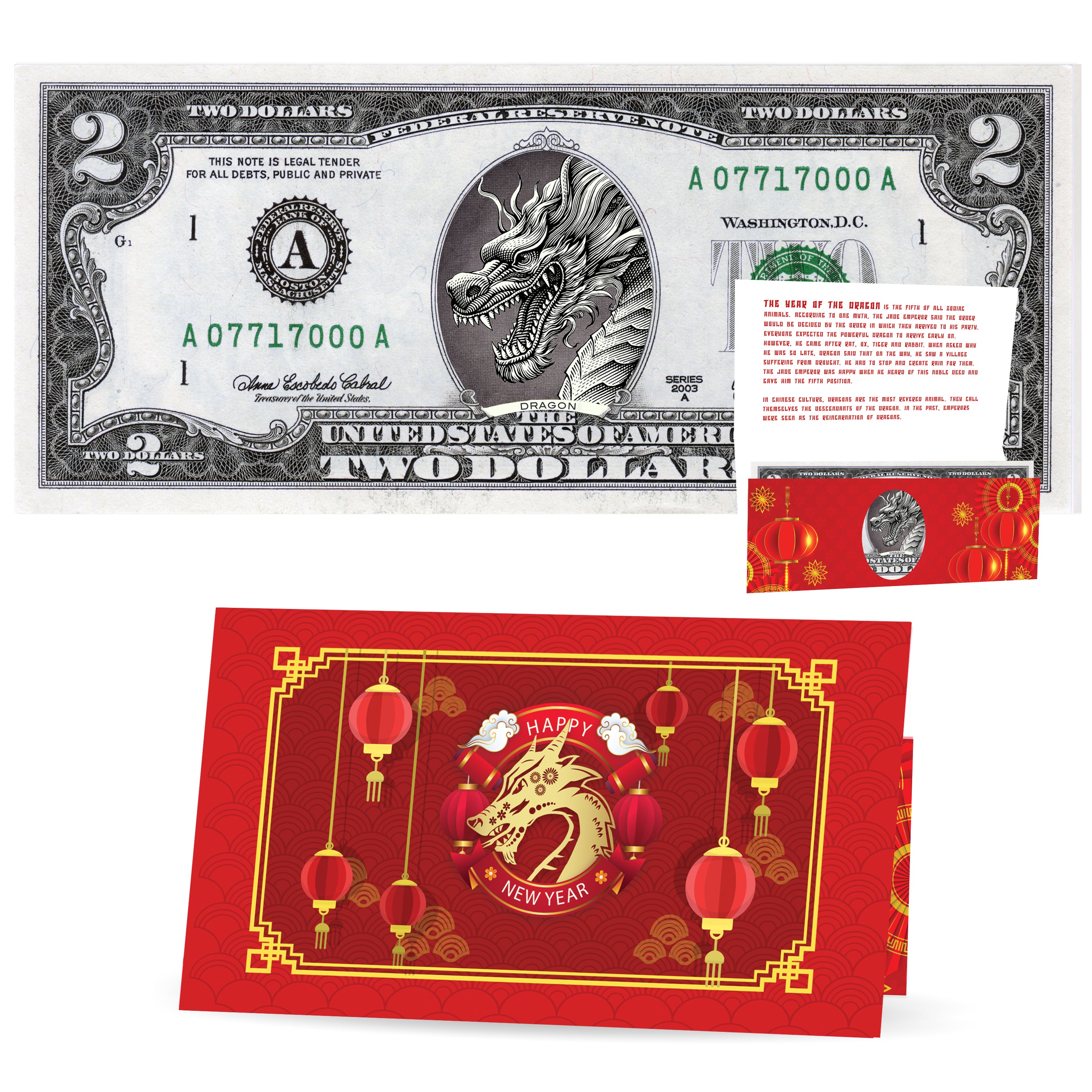 Official Chinese New Year Lucky Dollar: Real 2.0 USD Chinese New Year Money Bankable & Spendable. Year of the Dragon Lucky Red Packet and Envelope.