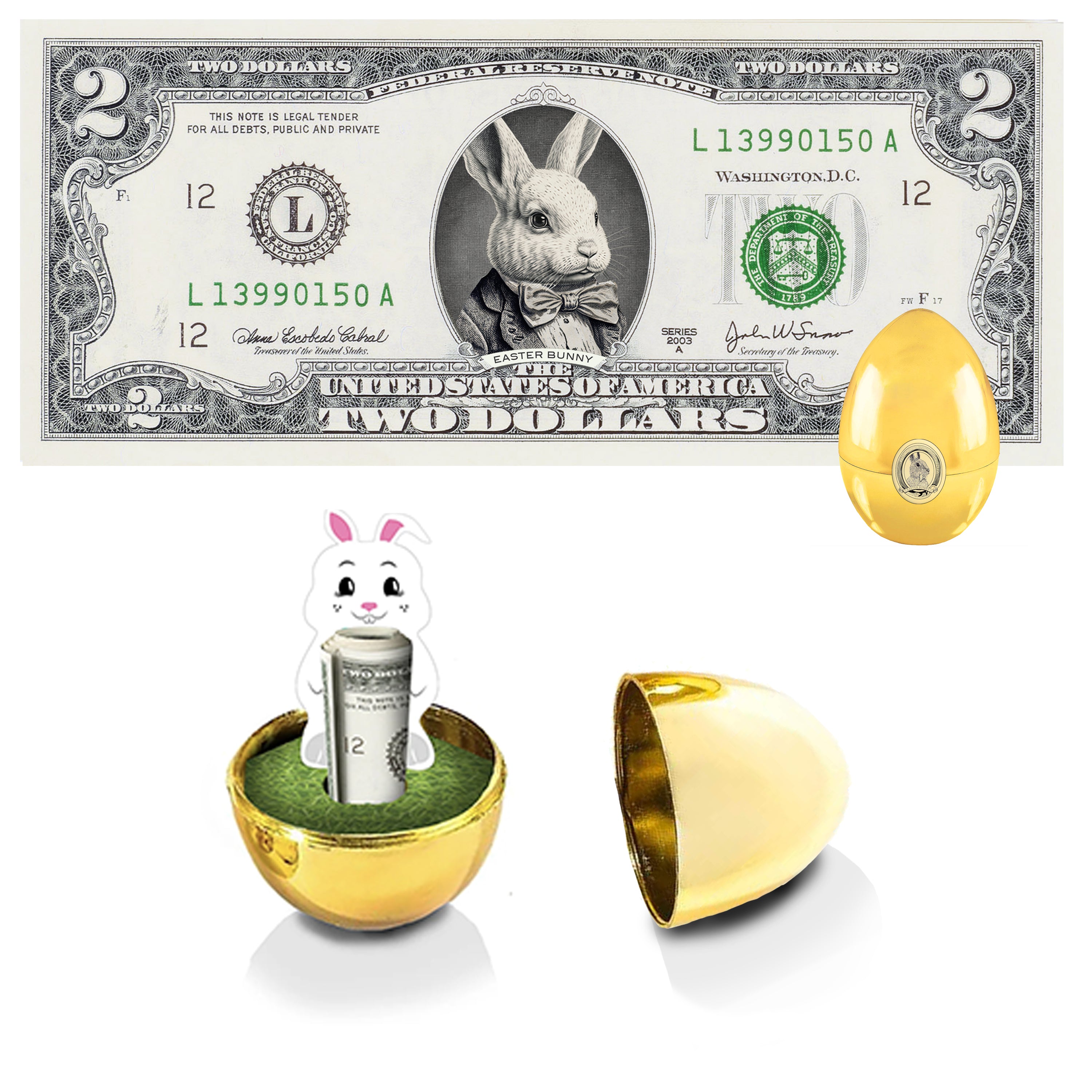 The Official Easter Bunny Dollar Bill V6 Bunny in White Suit with Golden Egg. Real 2.0 USD. Bankable & Spendable. Easter Basket Stuffer/Filler. Bunny Bucks - Bunny Money