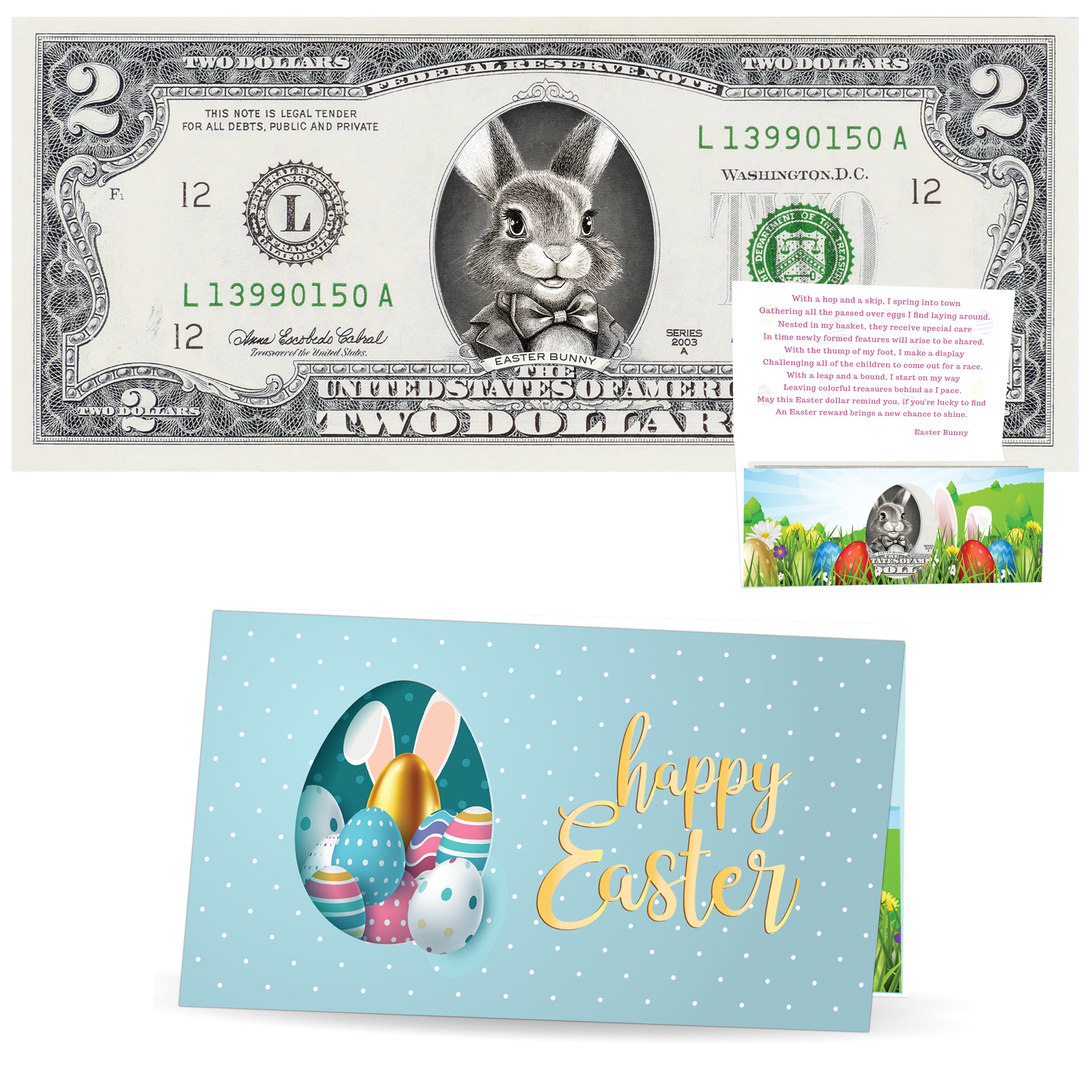 The Official Easter Bunny Dollar Bill. Real 2.0 USD V4 Peter Cottontail. Each Bill Comes with an Easter Card and Currency Holder. Easter Basket Stuffer/Filler. Bunny Buck - Bunny Money