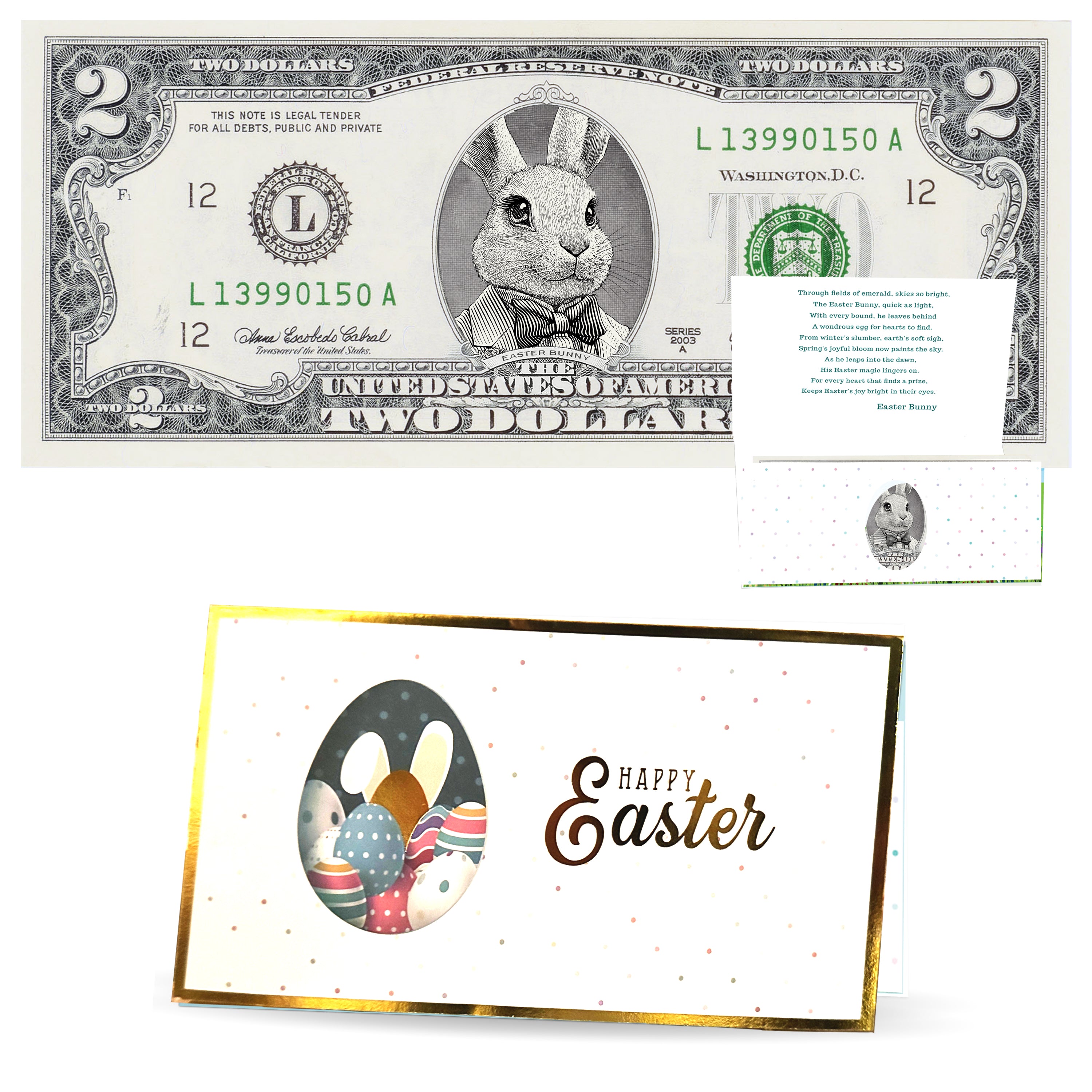 The Official Easter Bunny Dollar Bill. Real 2.0 USD V4 Peter Cottontail. Each Bill Comes with an Easter Card and Currency Holder. Easter Basket Stuffer/Filler. Bunny Buck - Bunny Money