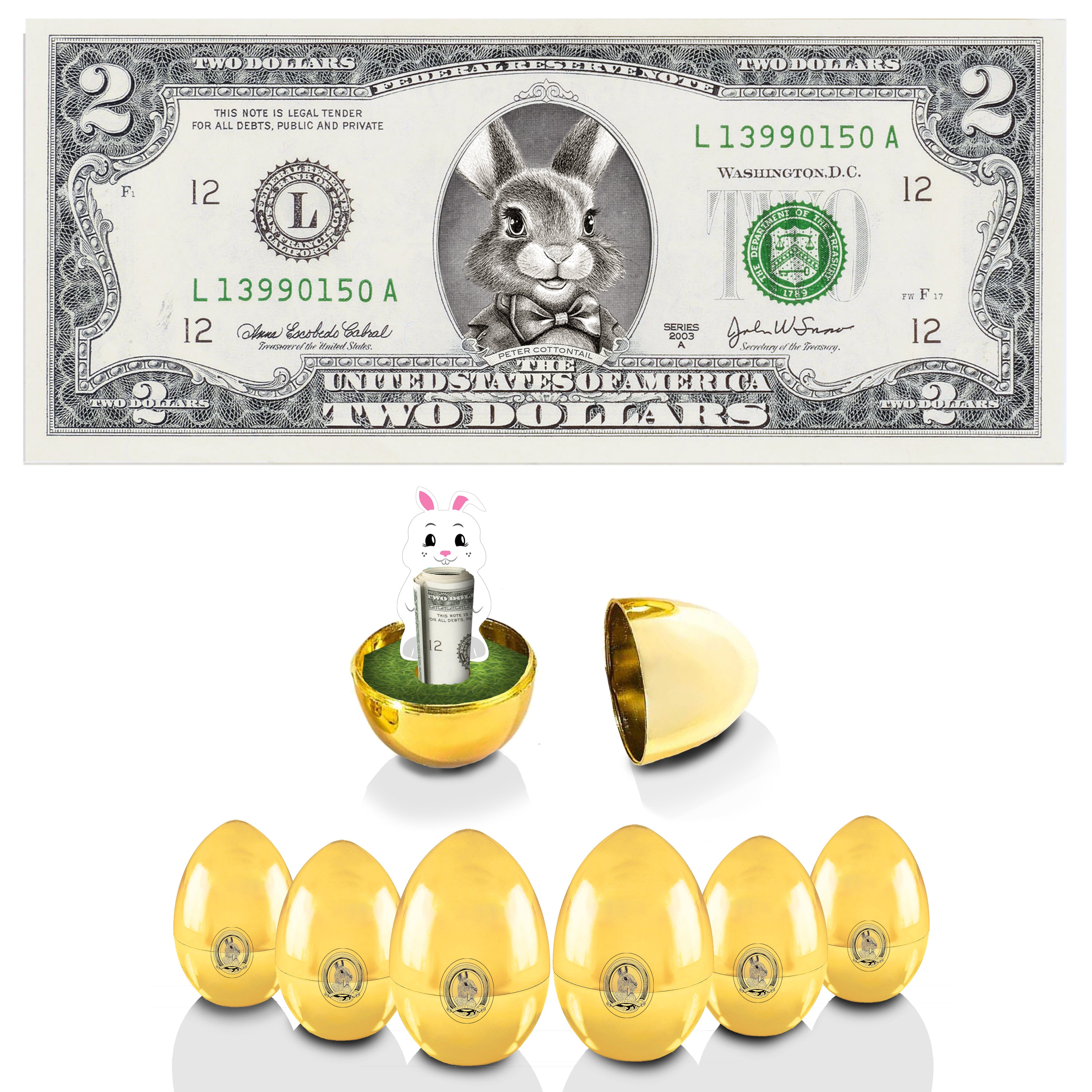 The Official Easter Bunny Dollar Bill with Golden Eggs Value 6 Pack. V2 Bunny in Suit. Bunny Bucks. Real 2.0 USD x 6. Bankable & Spendable. Easter Basket Stuffer/Filler.
