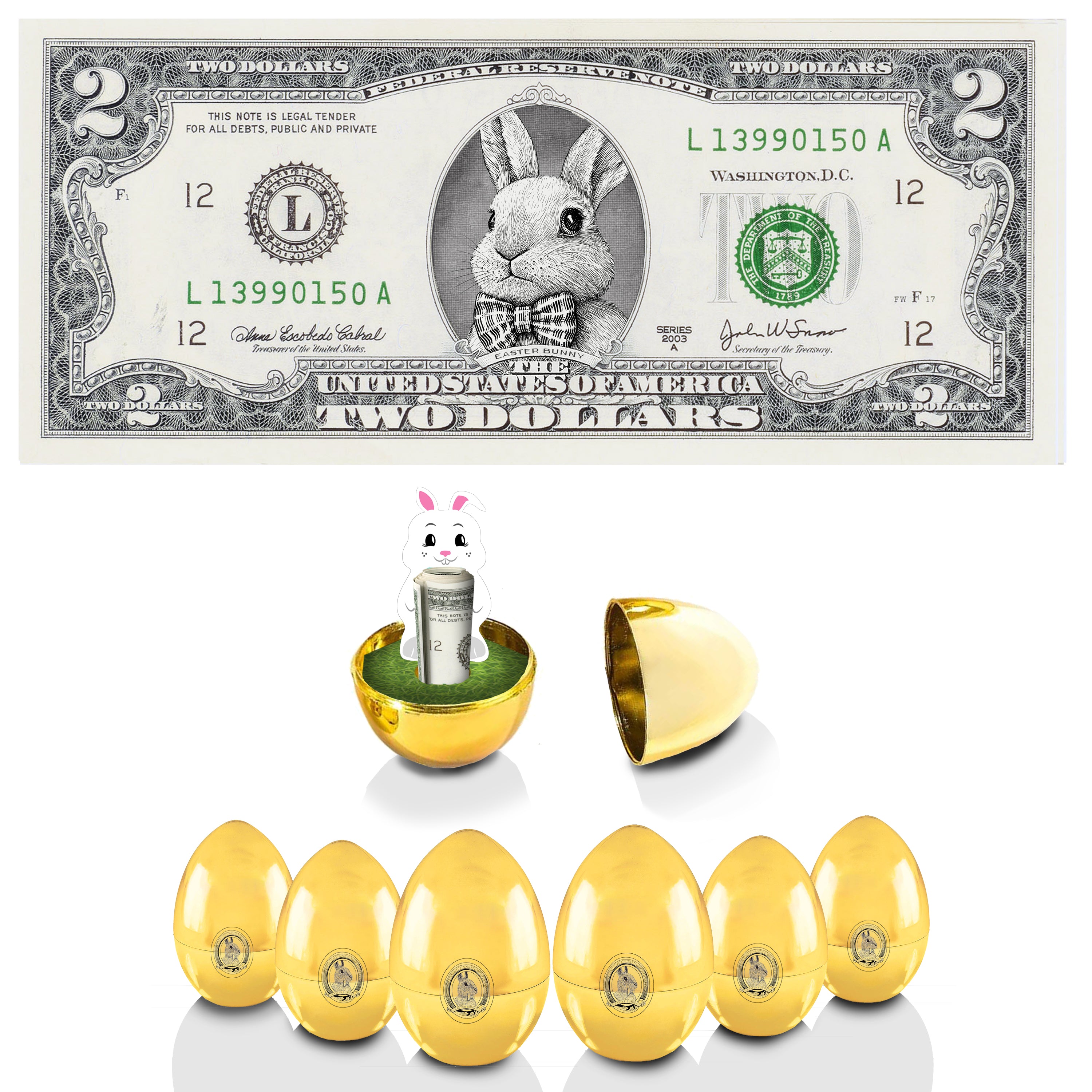 The Official Easter Bunny Dollar Bill with Golden Eggs Value 6 Pack. V2 Bunny in Suit. Bunny Bucks. Real 2.0 USD x 6. Bankable & Spendable. Easter Basket Stuffer/Filler.
