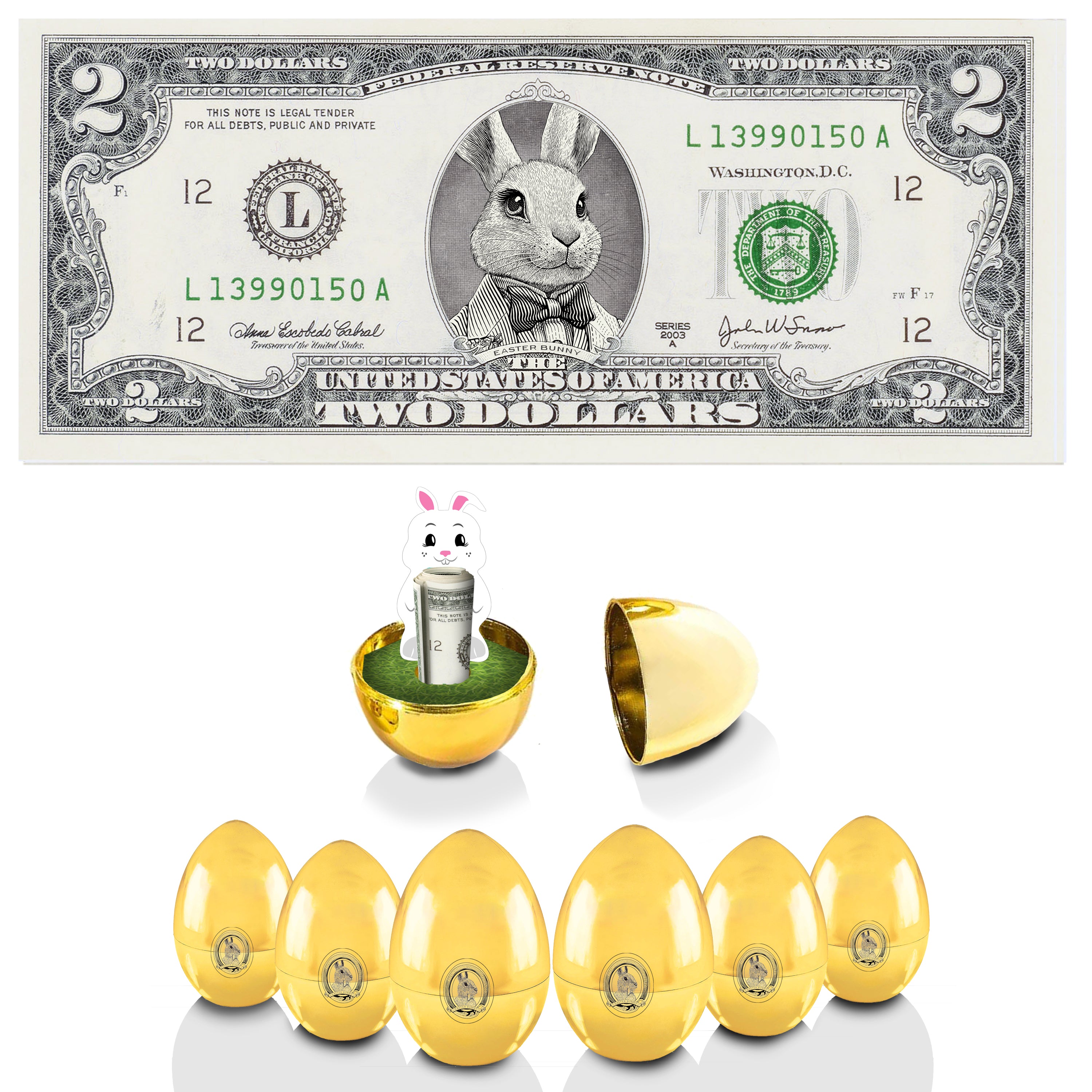 The Official Easter Bunny Dollar Bill with Golden Eggs Value 6 Pack. V2 Bunny in Suit. Bunny Bucks. Real 2.0 USD x 6. Bankable & Spendable. Easter Basket Stuffer/Filler.