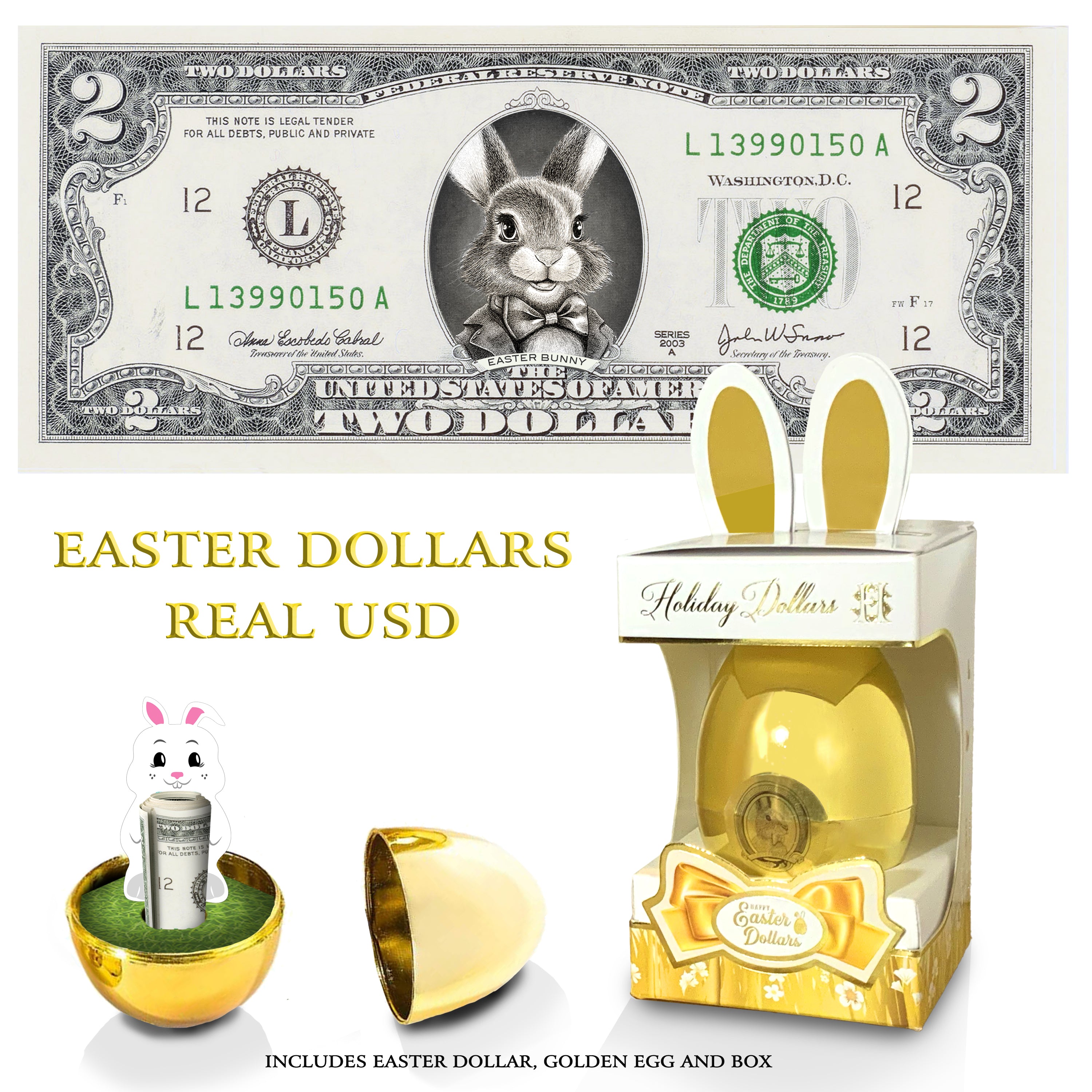 The Official Easter Bunny Dollar Bill with Golden Egg and Gift Box. V2. Real 2.0 USD. Bunny with Bow Version Bankable & Spendable. Easter Basket Stuffer/Filler.
