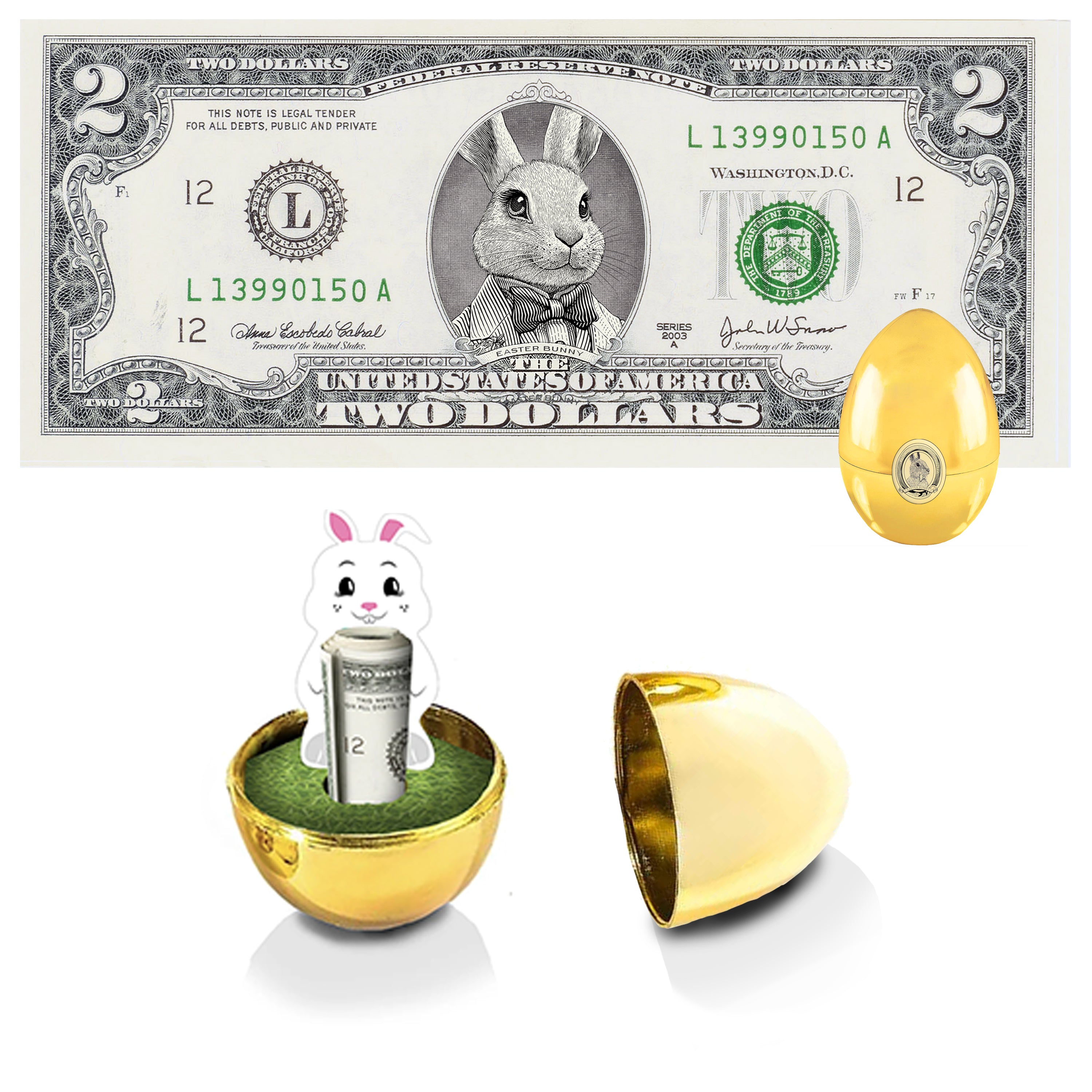 The Official Easter Bunny Dollar Bill with Golden Egg. Real 2.0 USD. Bankable & Spendable. Easter Basket Stuffer/Filler. Bunny Bucks - Bunny Money