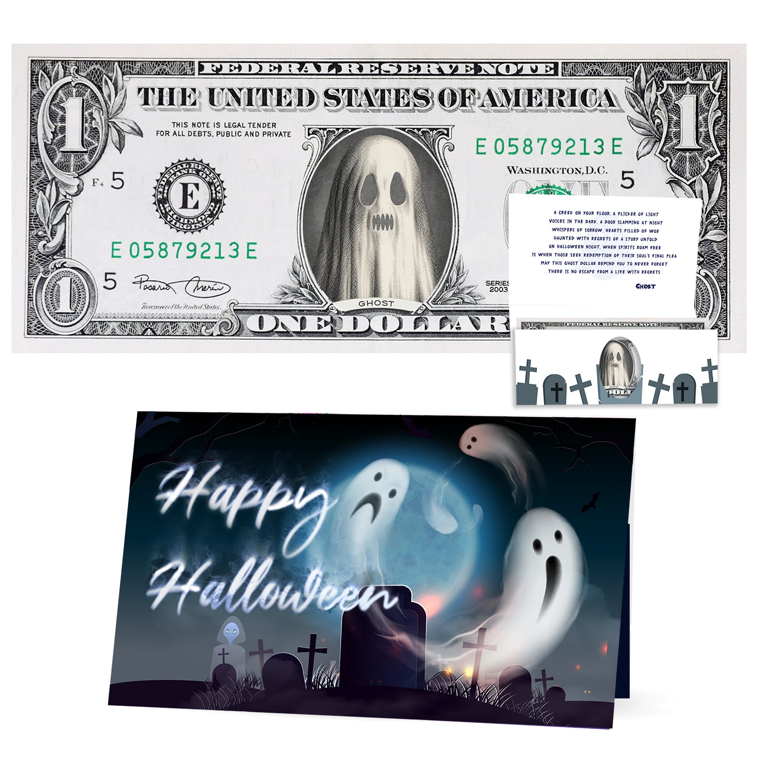 The Official Ghost Halloween Dollar Bill. Real 1.0 USD. Bankable & Spendable. Each Bill Comes with a Halloween Card.