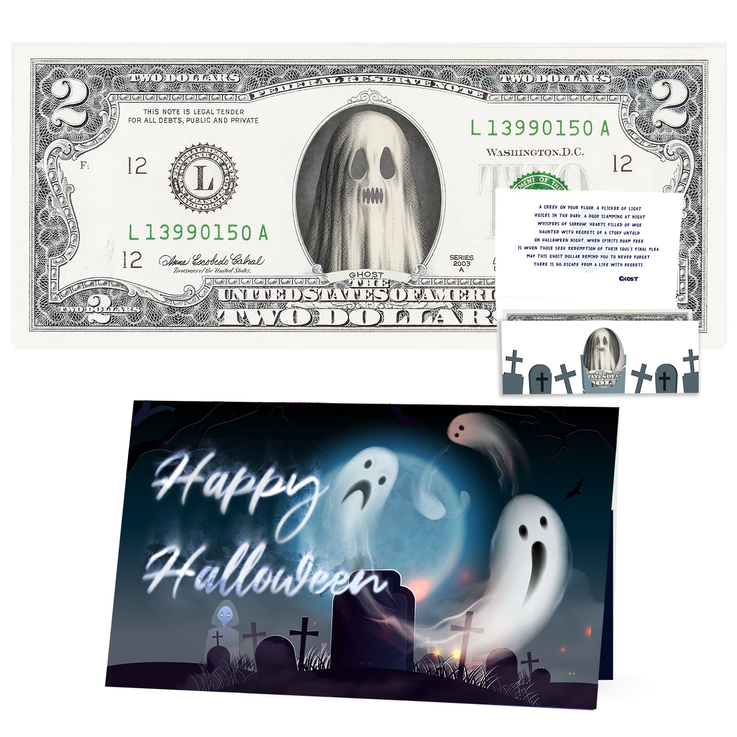The Official Ghost Halloween Dollar Bill. Real 2.0 USD. Bankable & Spendable. Each Bill Comes with a Halloween Card.