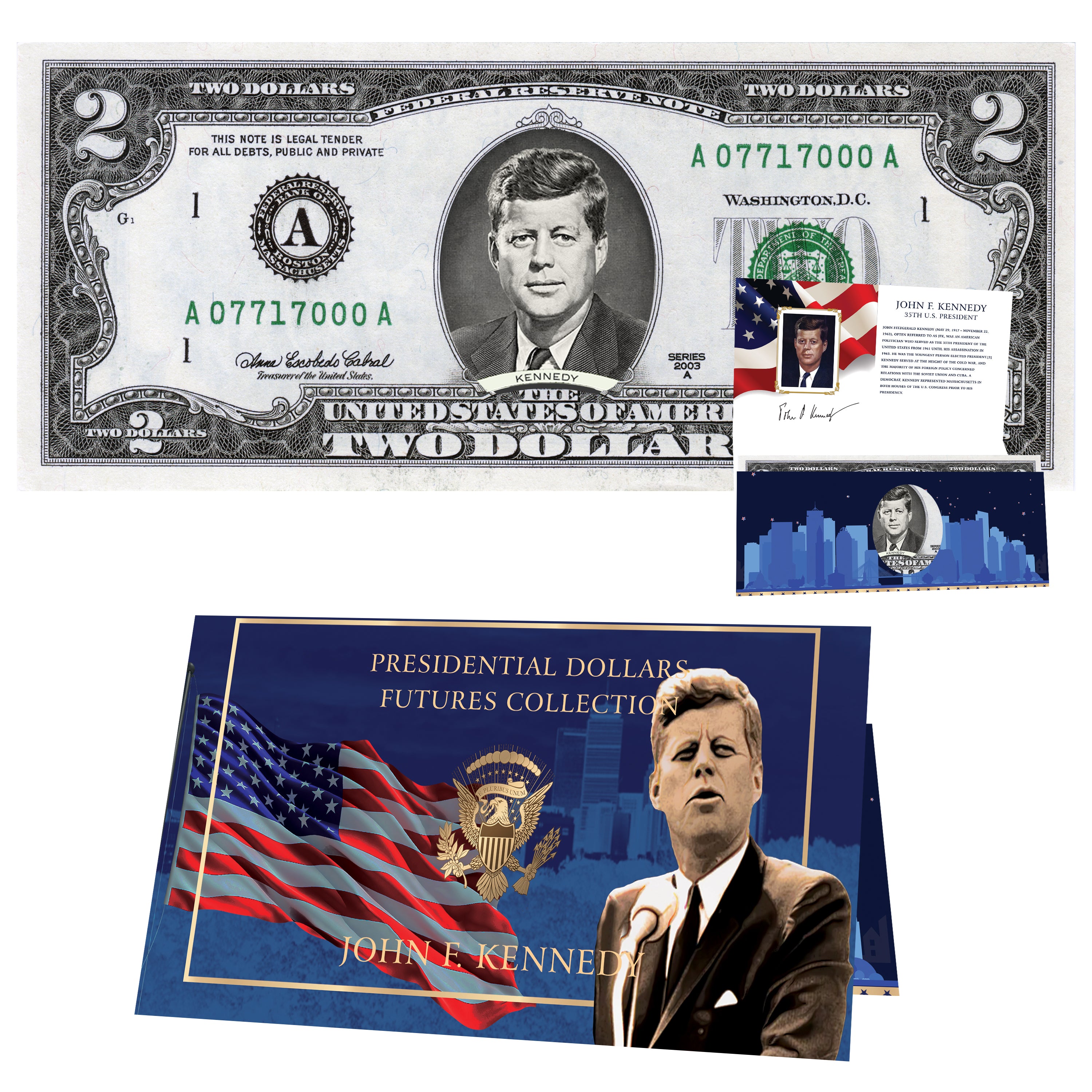 John F Kennedy $2 Dollar Bill w/ Official Currency Card - REAL USD!