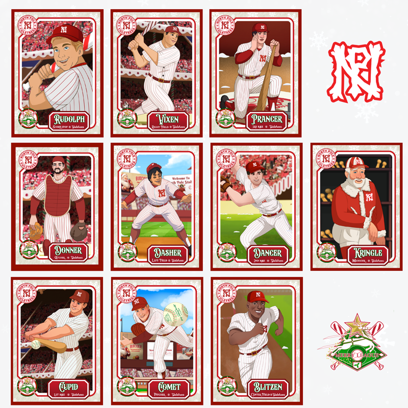 Official Merry League Christmas Baseball Cards! 10 Cards per Set Featuring the Starting 9 and Coach of the North Pole.